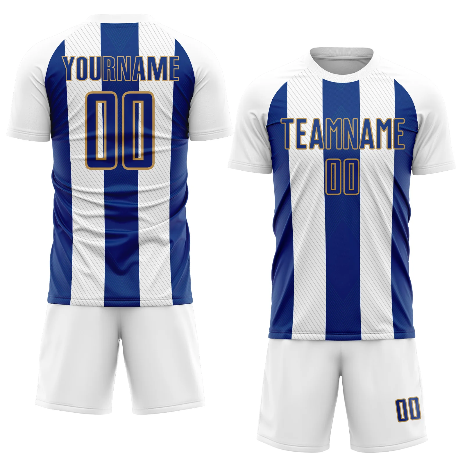 Custom White Royal-Old Gold Line Sublimation Soccer Uniform Jersey - Image 2