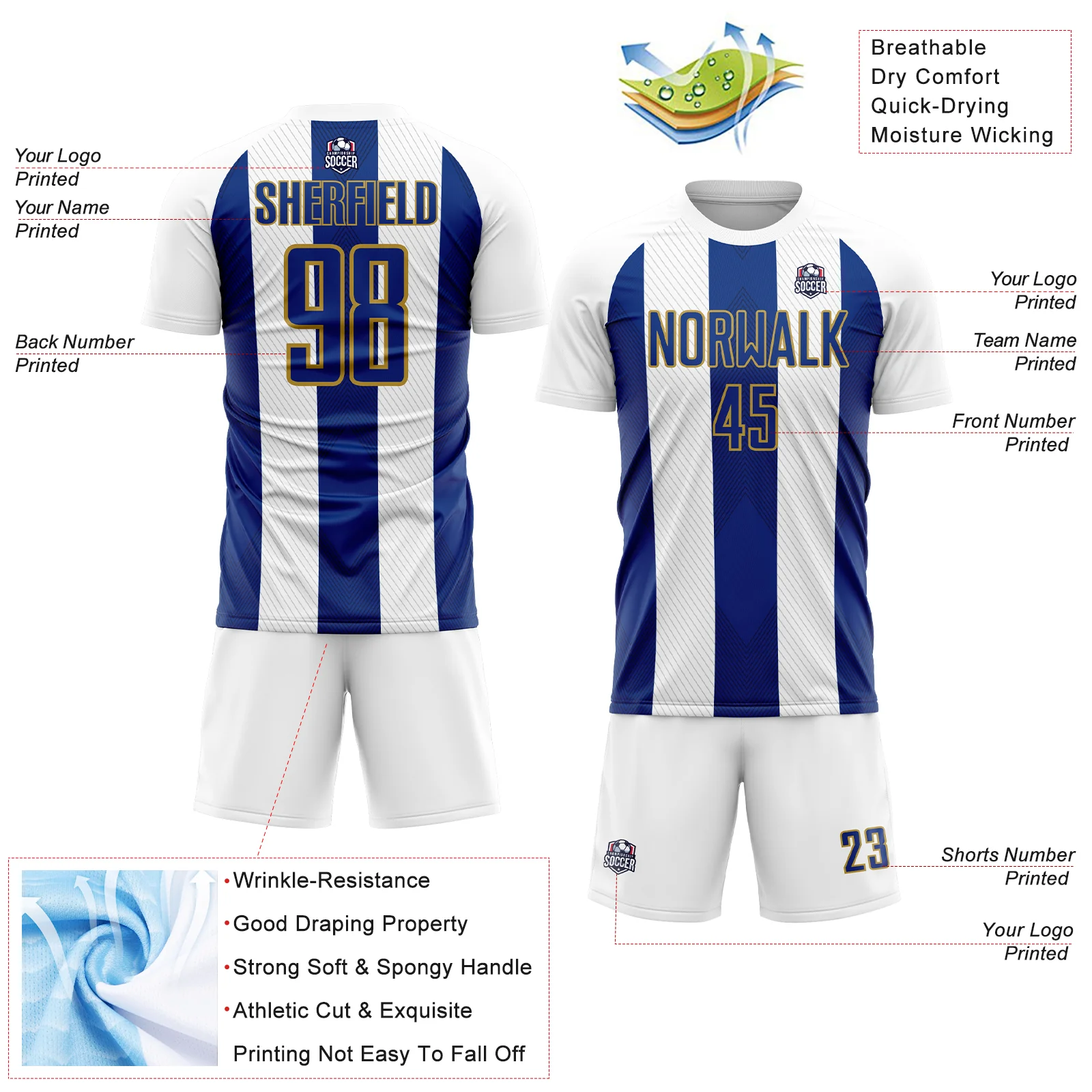 Custom White Royal-Old Gold Line Sublimation Soccer Uniform Jersey - Image 4