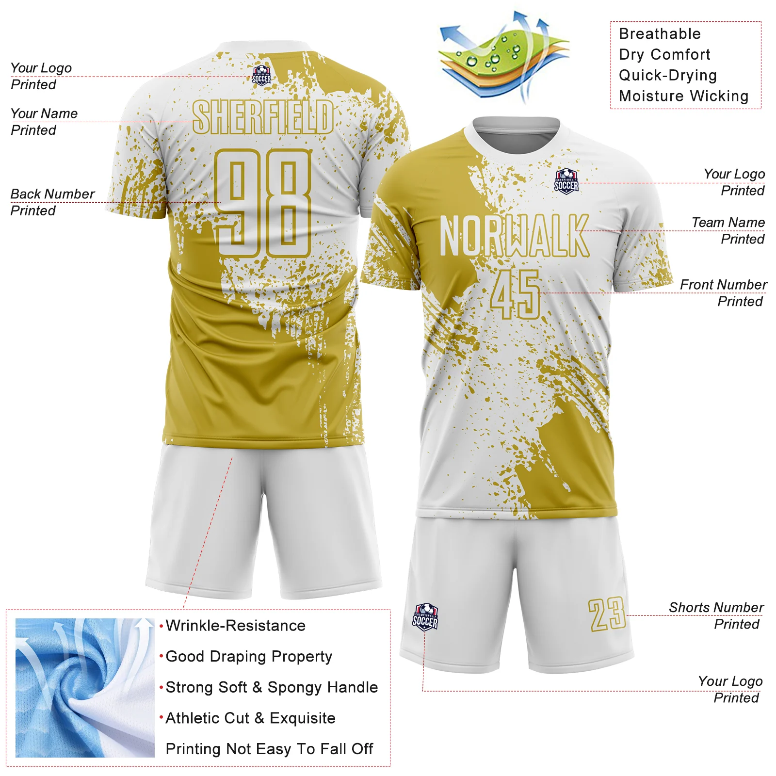 Custom White Old Gold Abstract Brush Stroke Sports Sublimation Soccer Uniform Jersey - Image 4