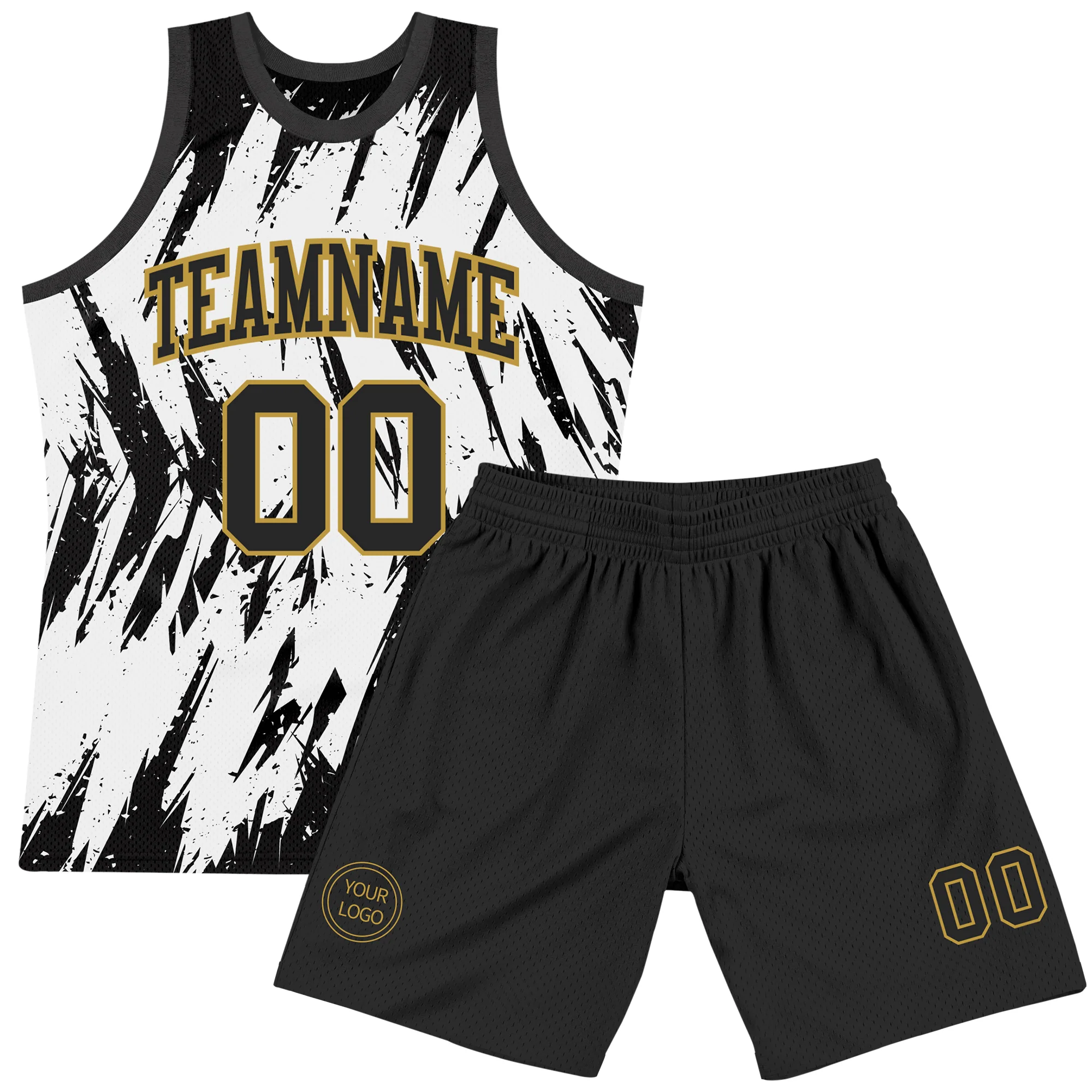 Custom White Black-Old Gold Abstract Sharp Shape Fragment Art Round Neck Sublimation Basketball Suit Jersey - Image 2