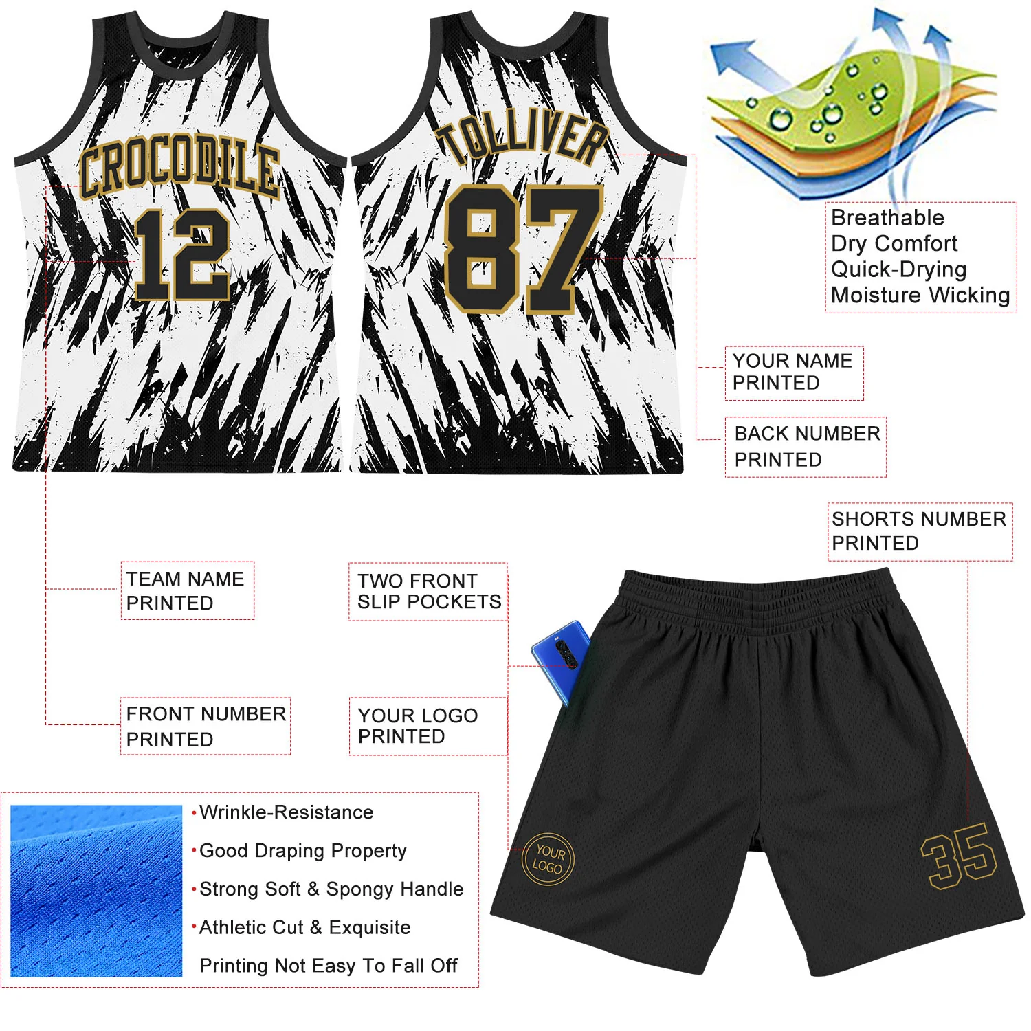 Custom White Black-Old Gold Abstract Sharp Shape Fragment Art Round Neck Sublimation Basketball Suit Jersey - Image 3