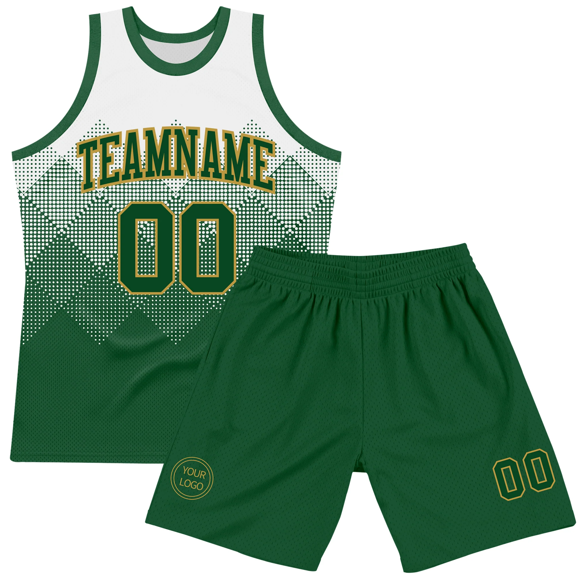 Custom White Green-Old Gold Gradient Square Shapes Round Neck Sublimation Basketball Suit Jersey - Image 2