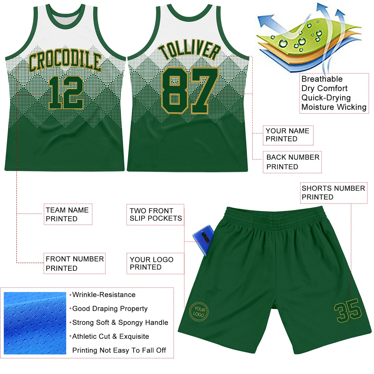 Custom White Green-Old Gold Gradient Square Shapes Round Neck Sublimation Basketball Suit Jersey - Image 3