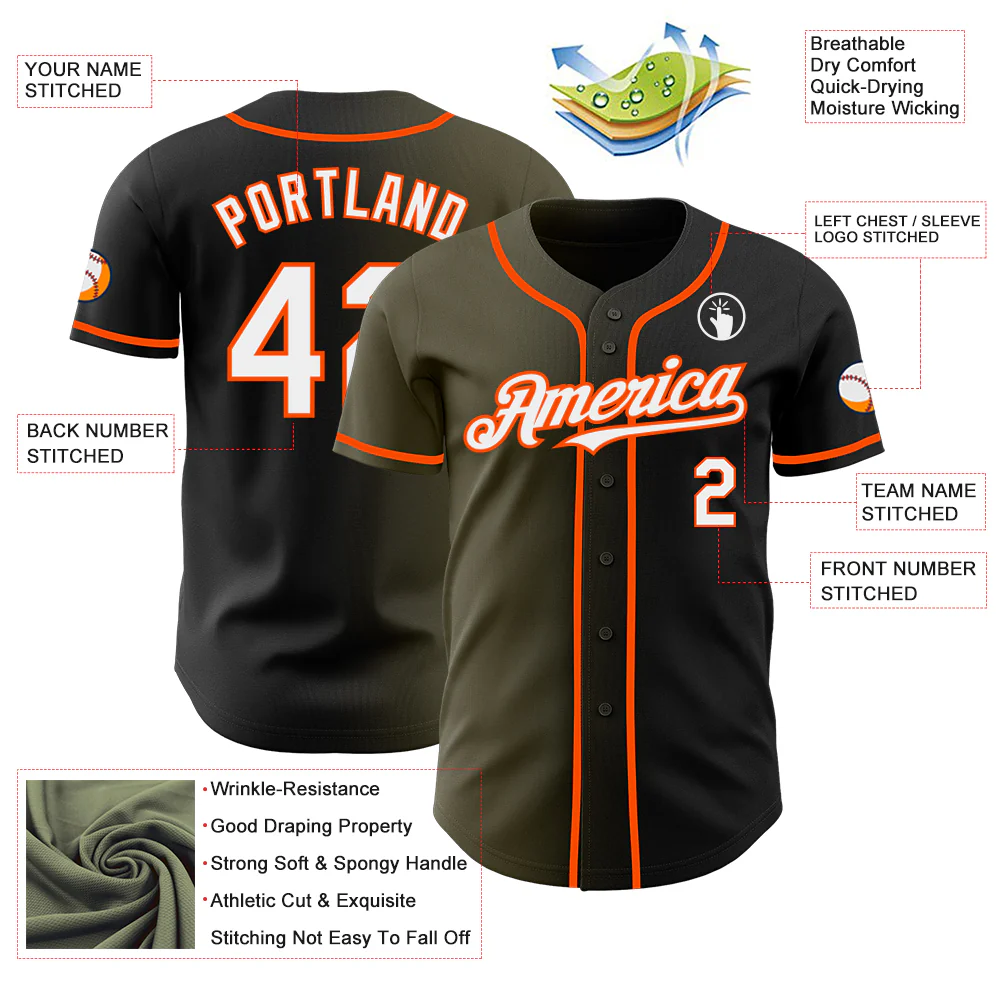 Custom Black White Olive-Orange Authentic Gradient Fashion Baseball Jersey - Image 3
