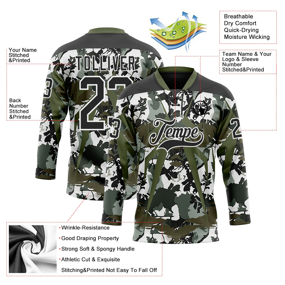 Custom Black Olive-White 3D Pattern Abstract Camo Hockey Lace Neck Jersey - Image 3