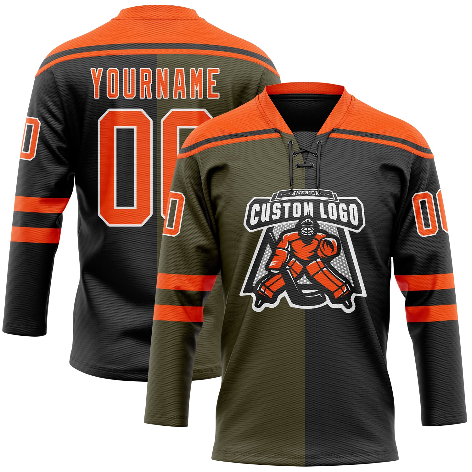 Custom Black Orange Olive-White Split Fashion Hockey Lace Neck Jersey - Image 2