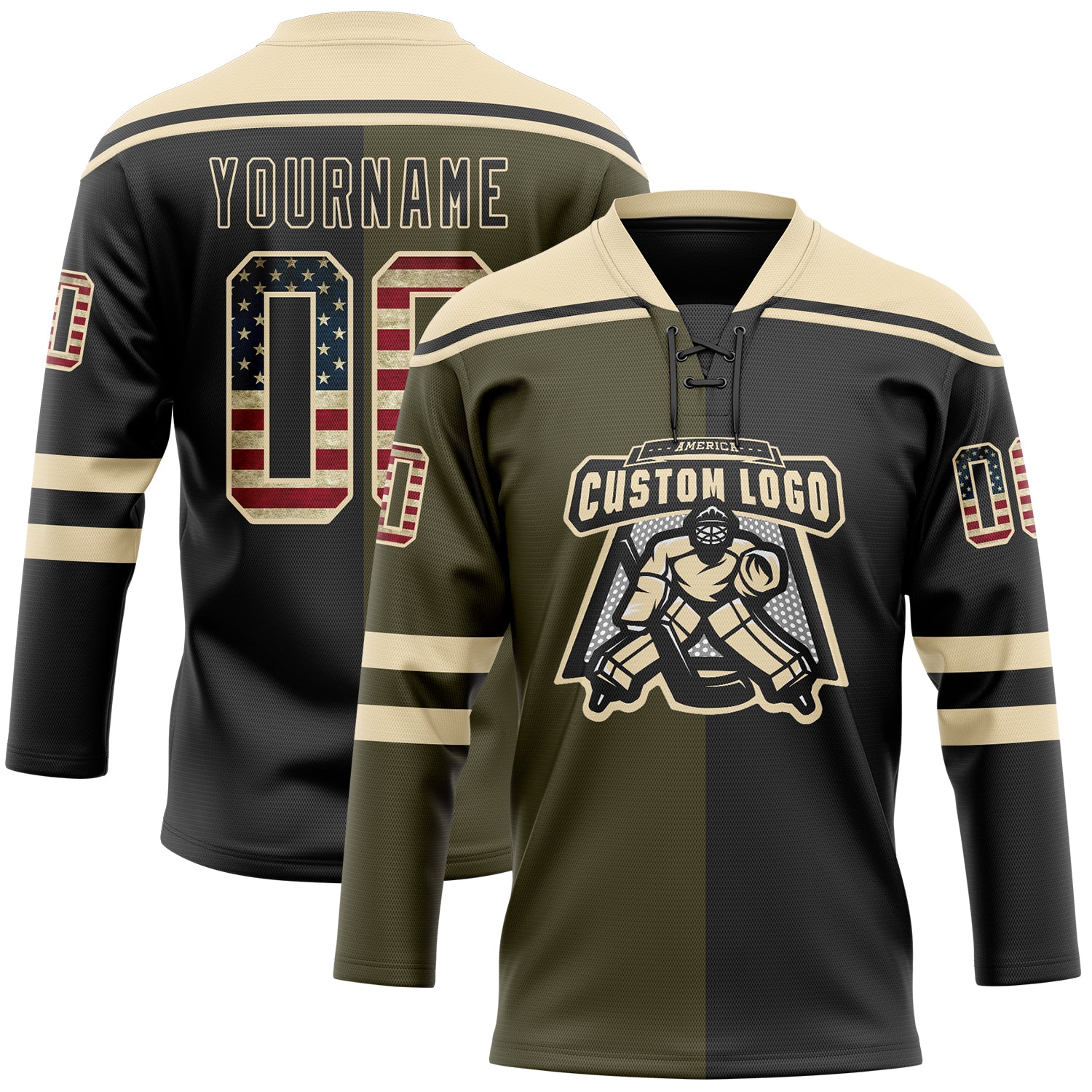 Custom Black Vintage USA Flag Olive-Cream Split Fashion Hockey Lace Neck Jersey - Image 2