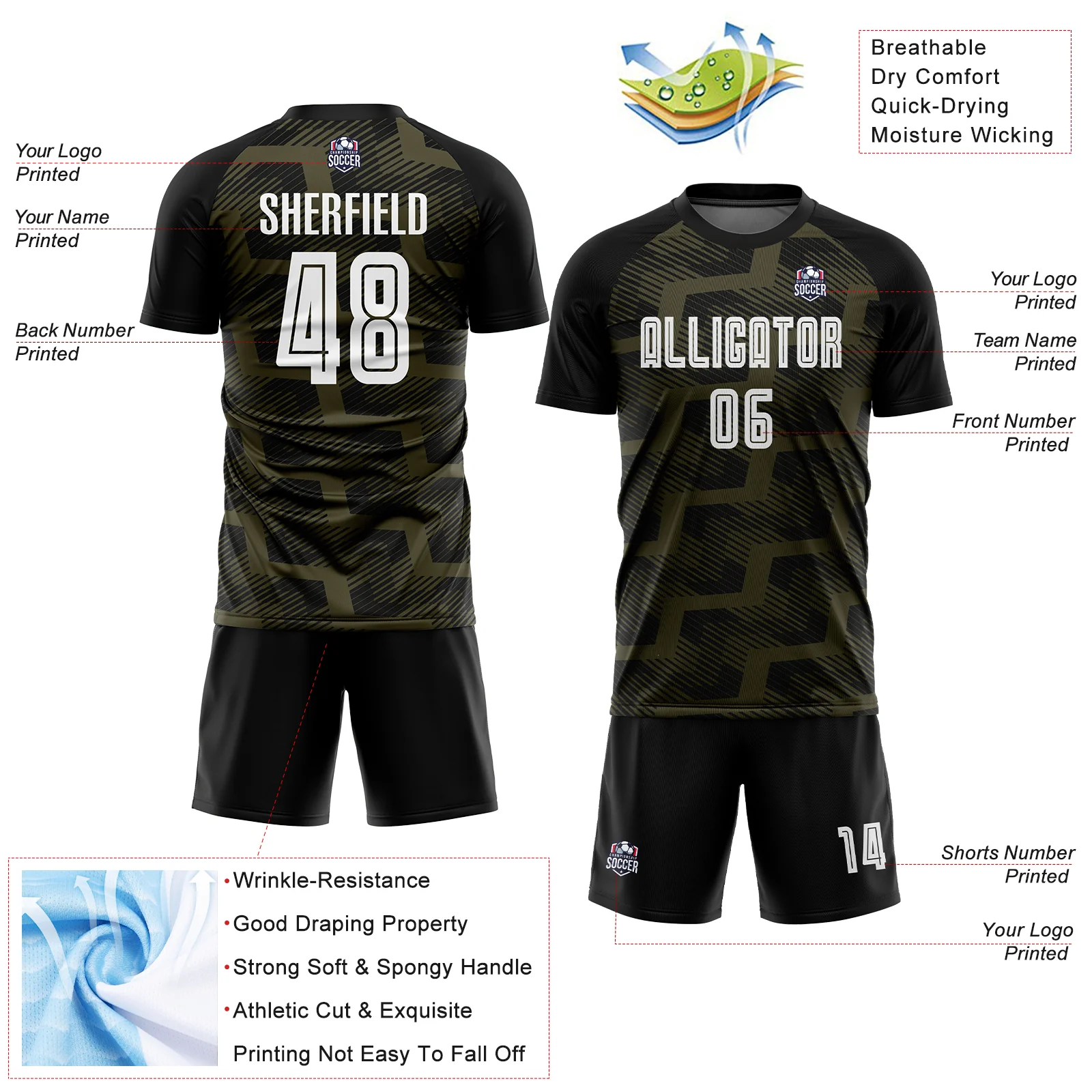 Custom Black White-Olive Line Sublimation Soccer Uniform Jersey - Image 4