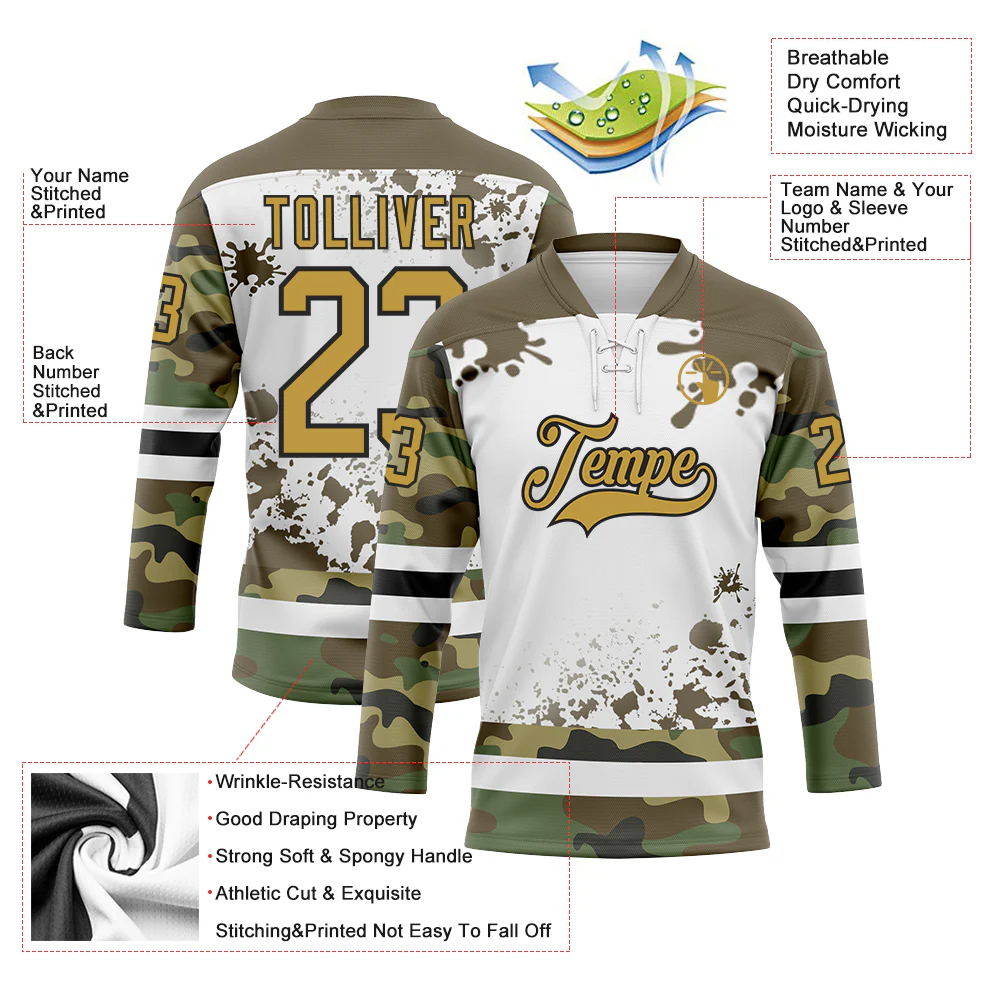 Custom Camo Old Gold Olive Black-White Splash Hockey Lace Neck Jersey - Image 3