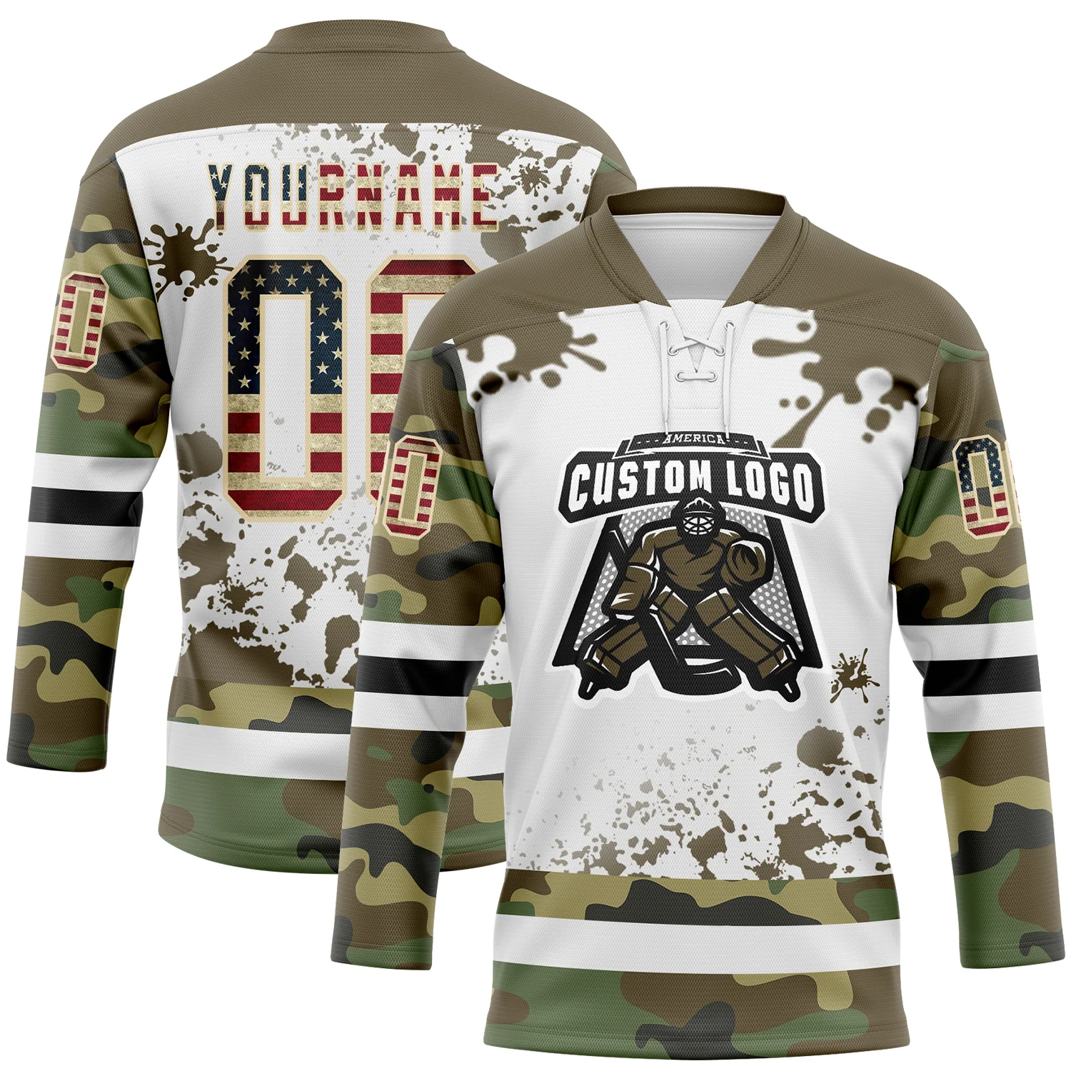 Custom Camo Vintage USA Flag Olive Black Cream-White Splash Hockey Lace Neck Jersey - Image 2