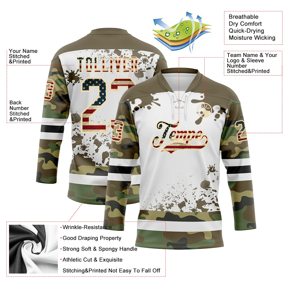 Custom Camo Vintage USA Flag Olive Black Cream-White Splash Hockey Lace Neck Jersey - Image 3
