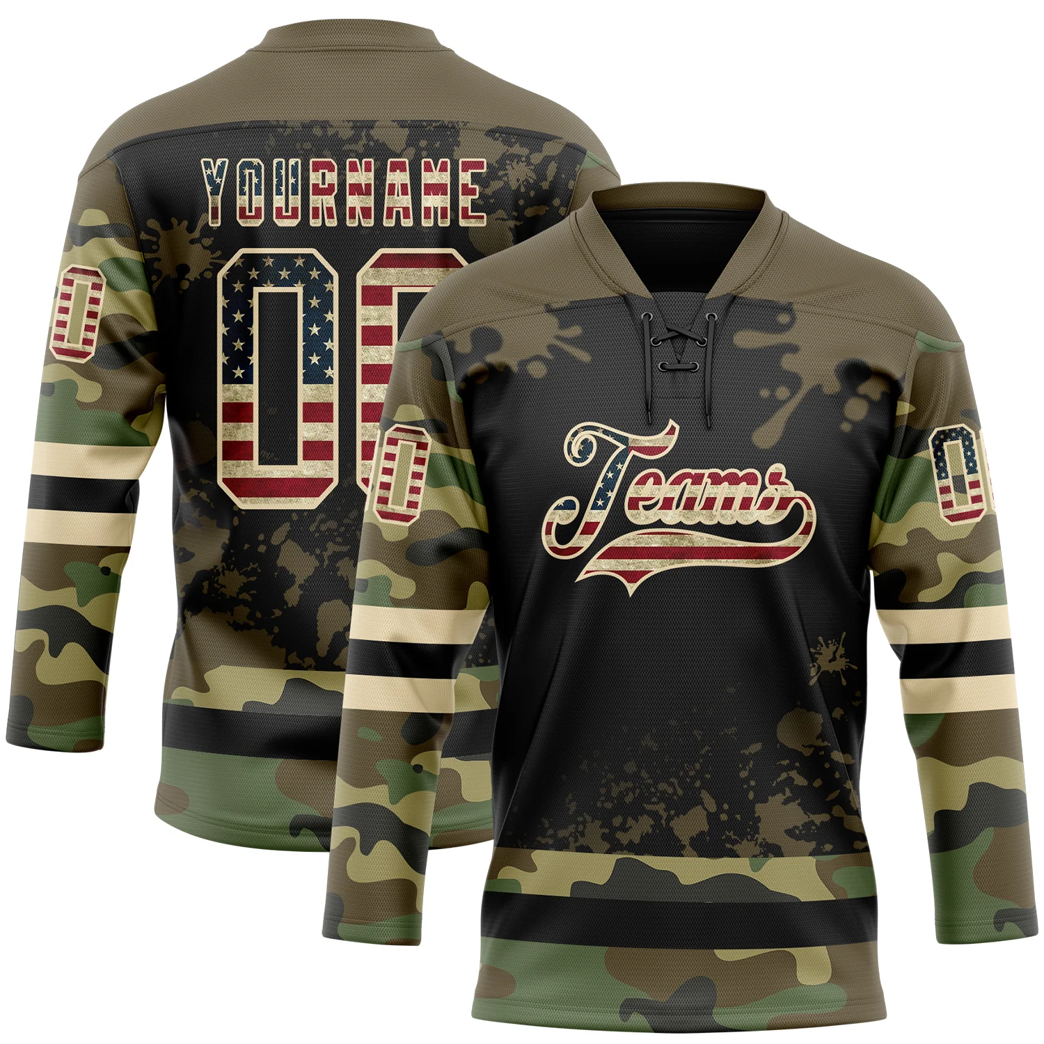 Custom Camo Vintage USA Flag Olive Black-Cream Splash Hockey Lace Neck Jersey - Image 2