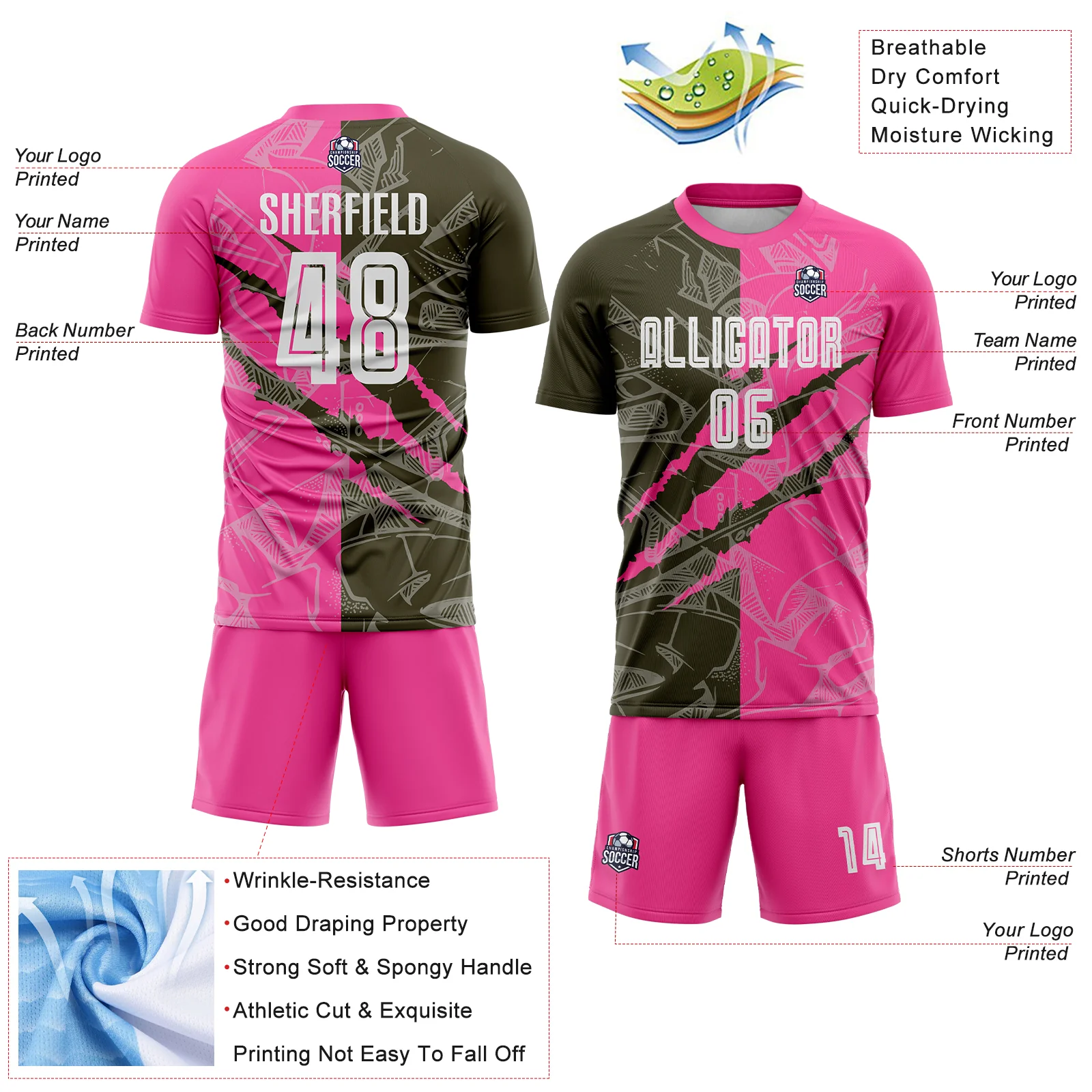 Custom Graffiti Pattern Olive-Pink Scratch Sublimation Soccer Uniform Jersey - Image 4