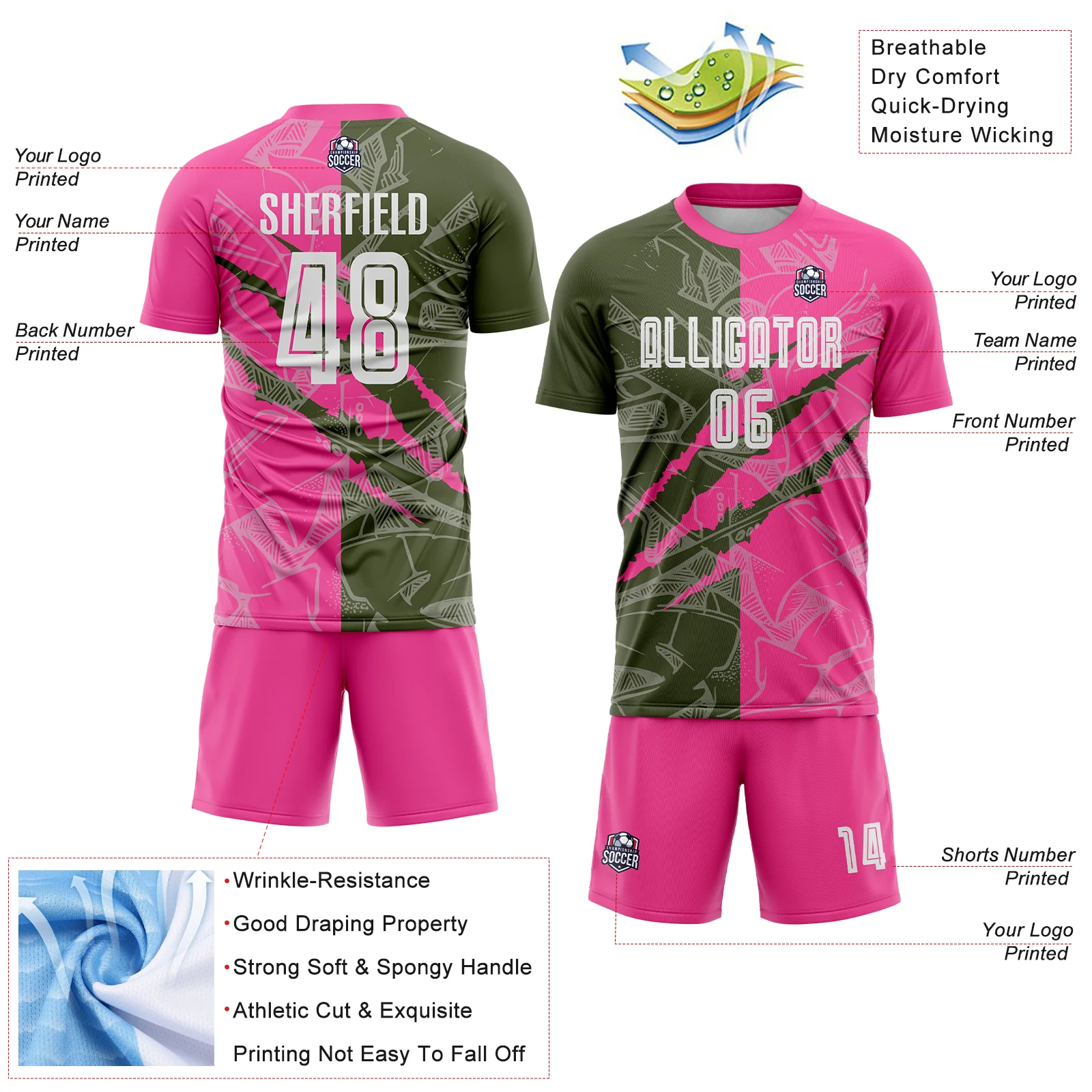 Custom Graffiti Pattern Olive-Pink Scratch Sublimation Soccer Uniform Jersey - Image 4