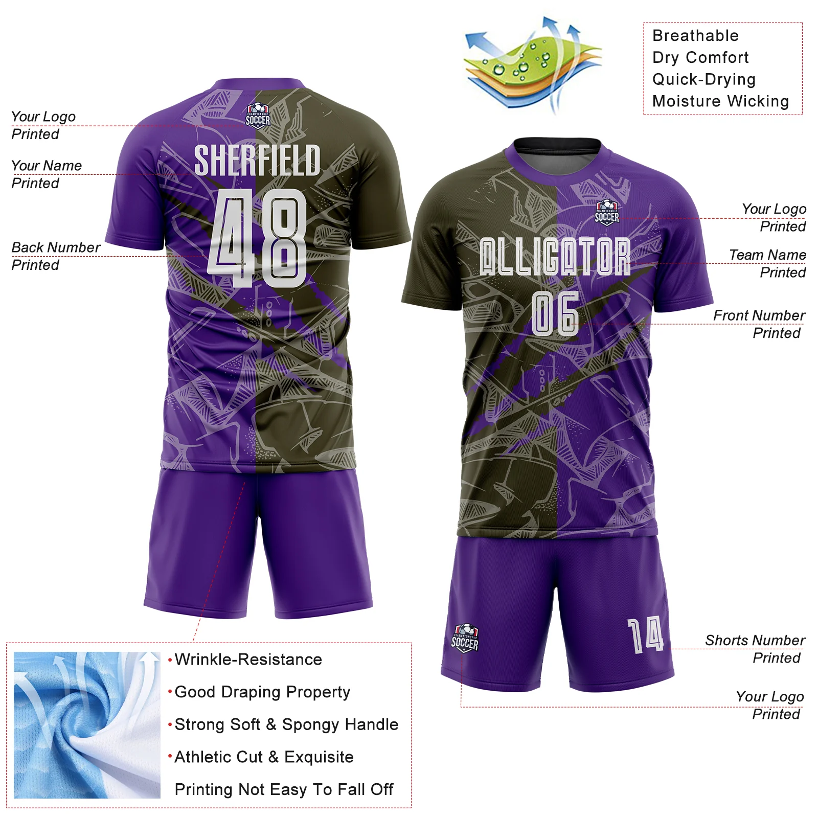 Custom Graffiti Pattern Olive-Purple Scratch Sublimation Soccer Uniform Jersey - Image 4