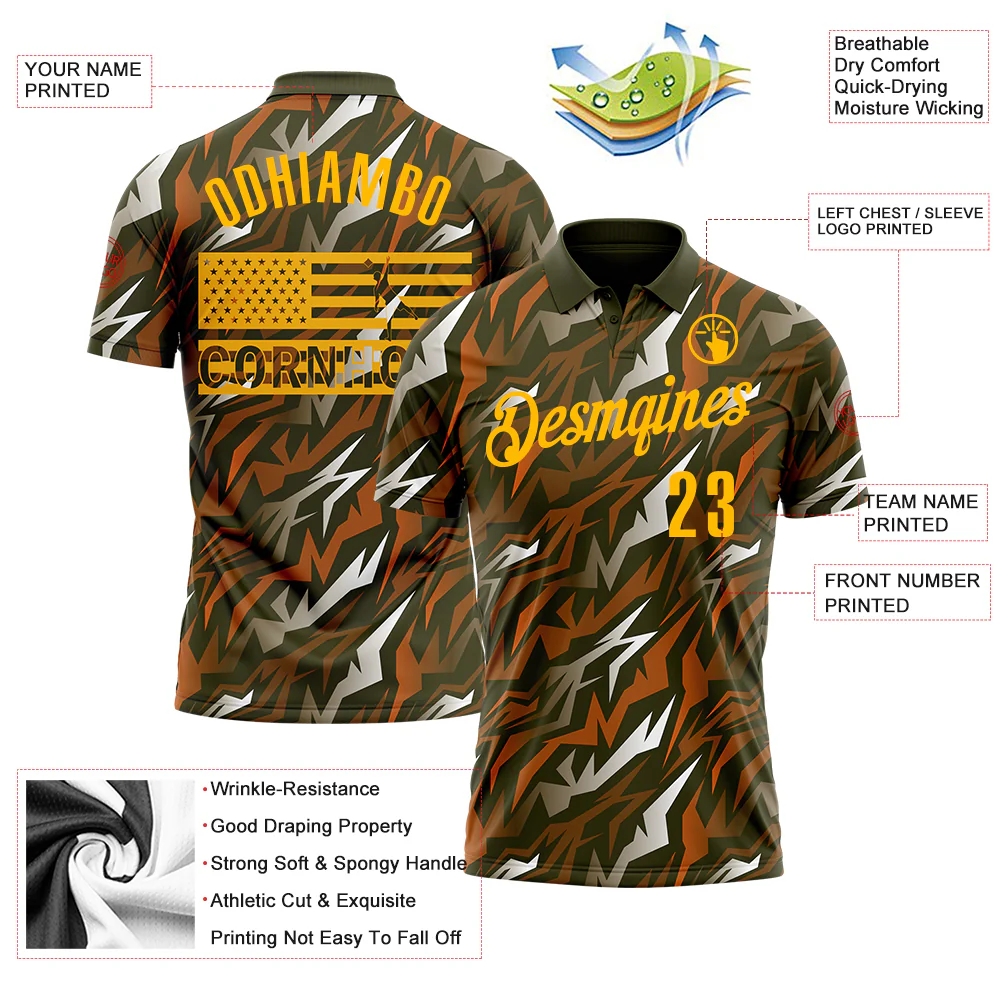 Custom Olive Gold 3D Cornhole American Flag Performance Salute To Service Polo Shirt - Image 3