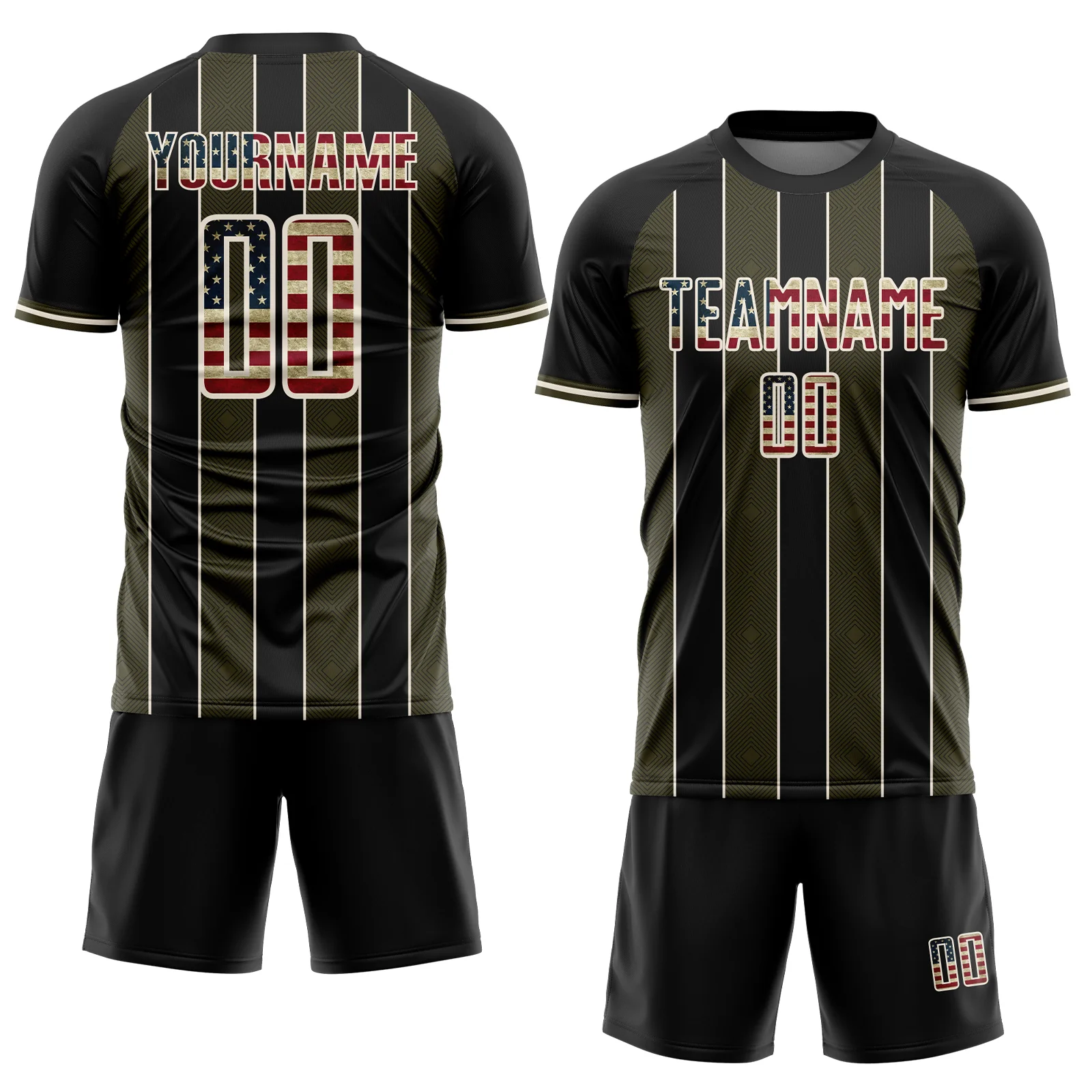 Custom Black Vintage USA Flag Olive-Cream Pinstripe Line Sports Sublimation Soccer Uniform Jersey - Image 2