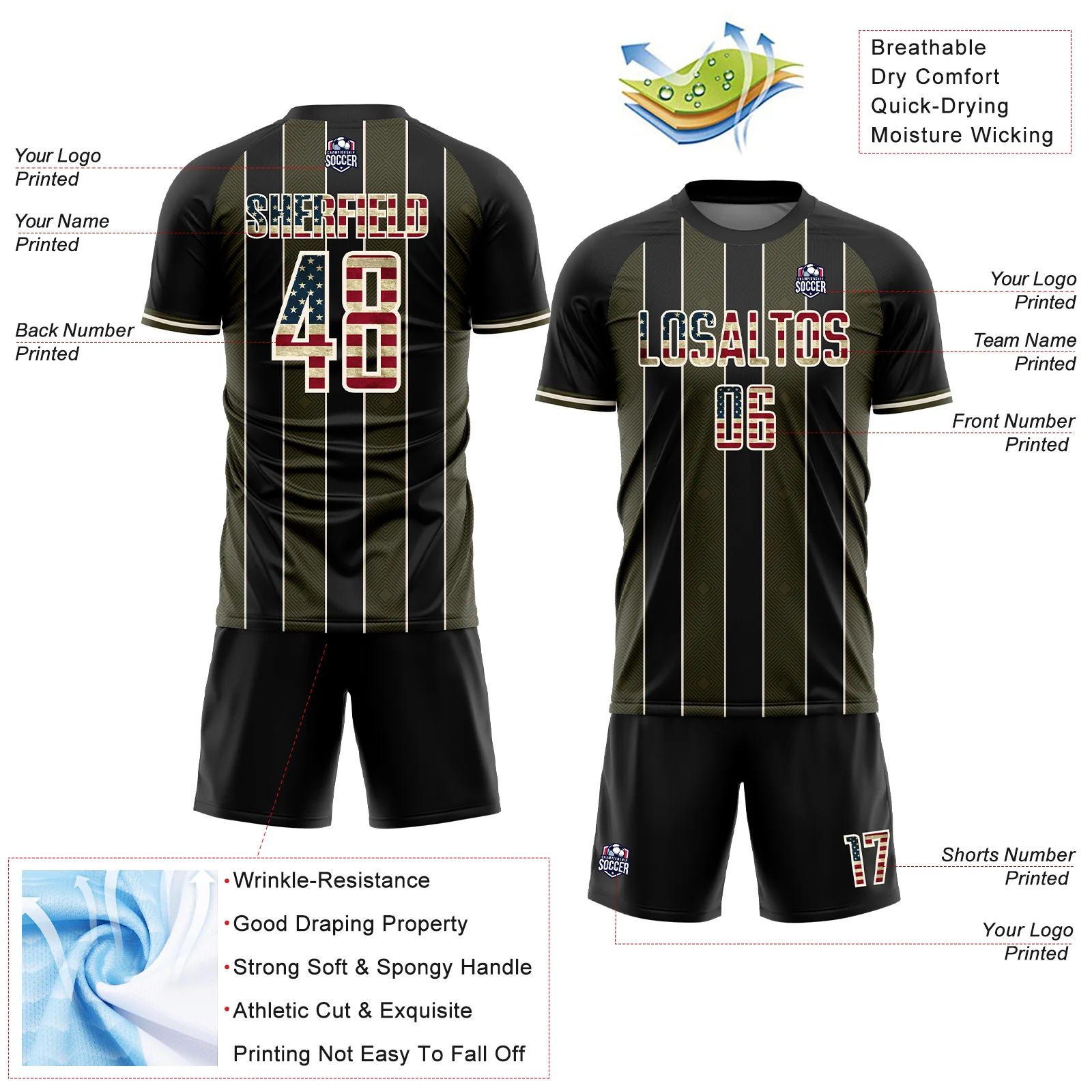 Custom Black Vintage USA Flag Olive-Cream Pinstripe Line Sports Sublimation Soccer Uniform Jersey - Image 4