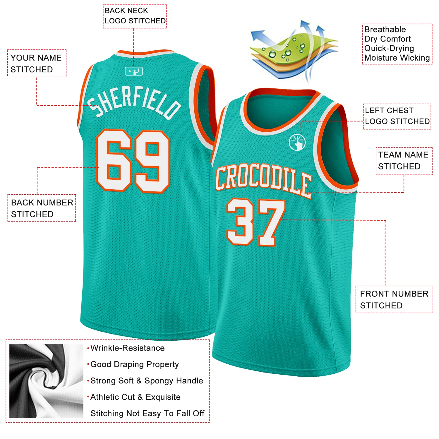 Custom Aqua White-Orange Authentic Basketball Jersey - Image 2
