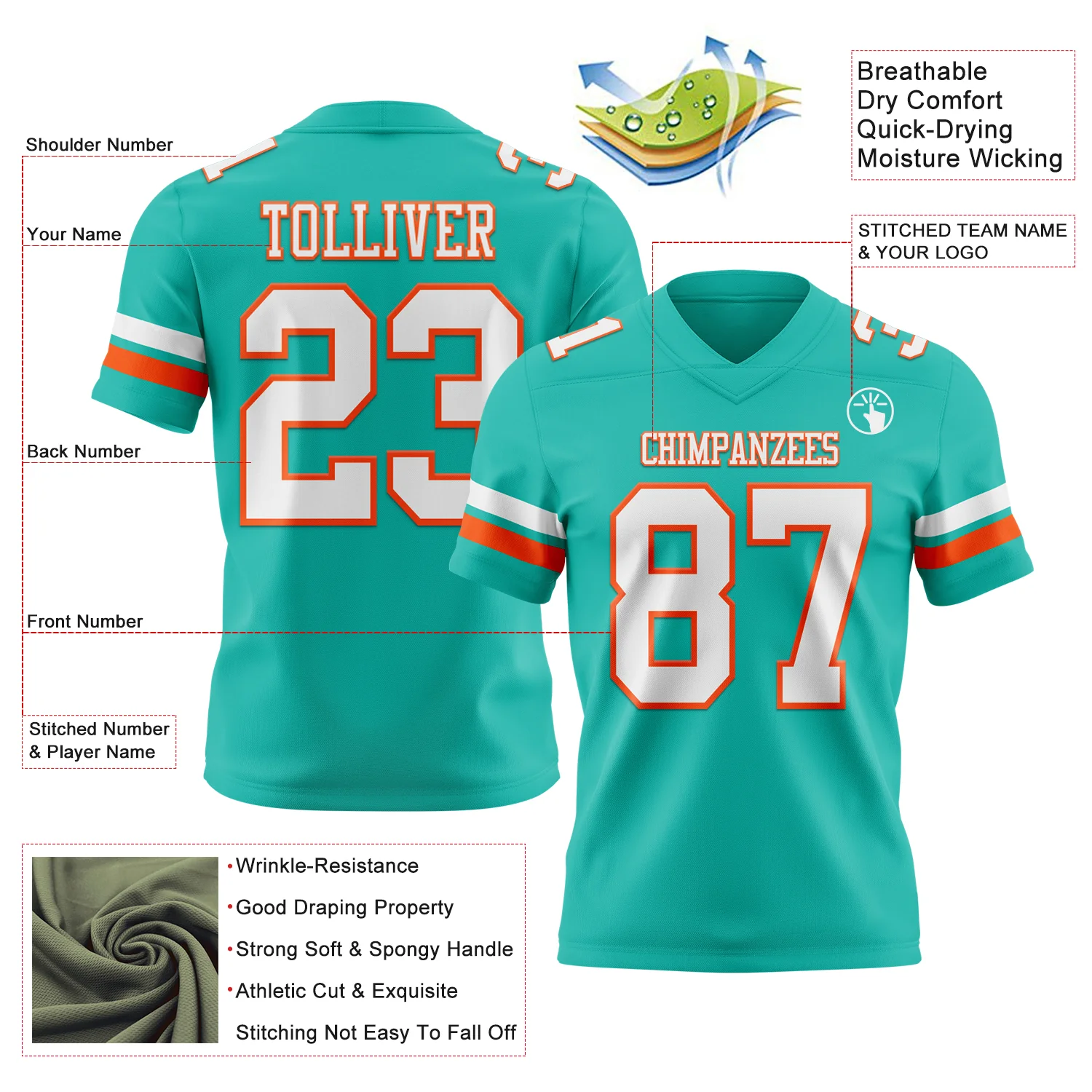 Custom Aqua White-Orange Authentic Football Jersey - Image 3