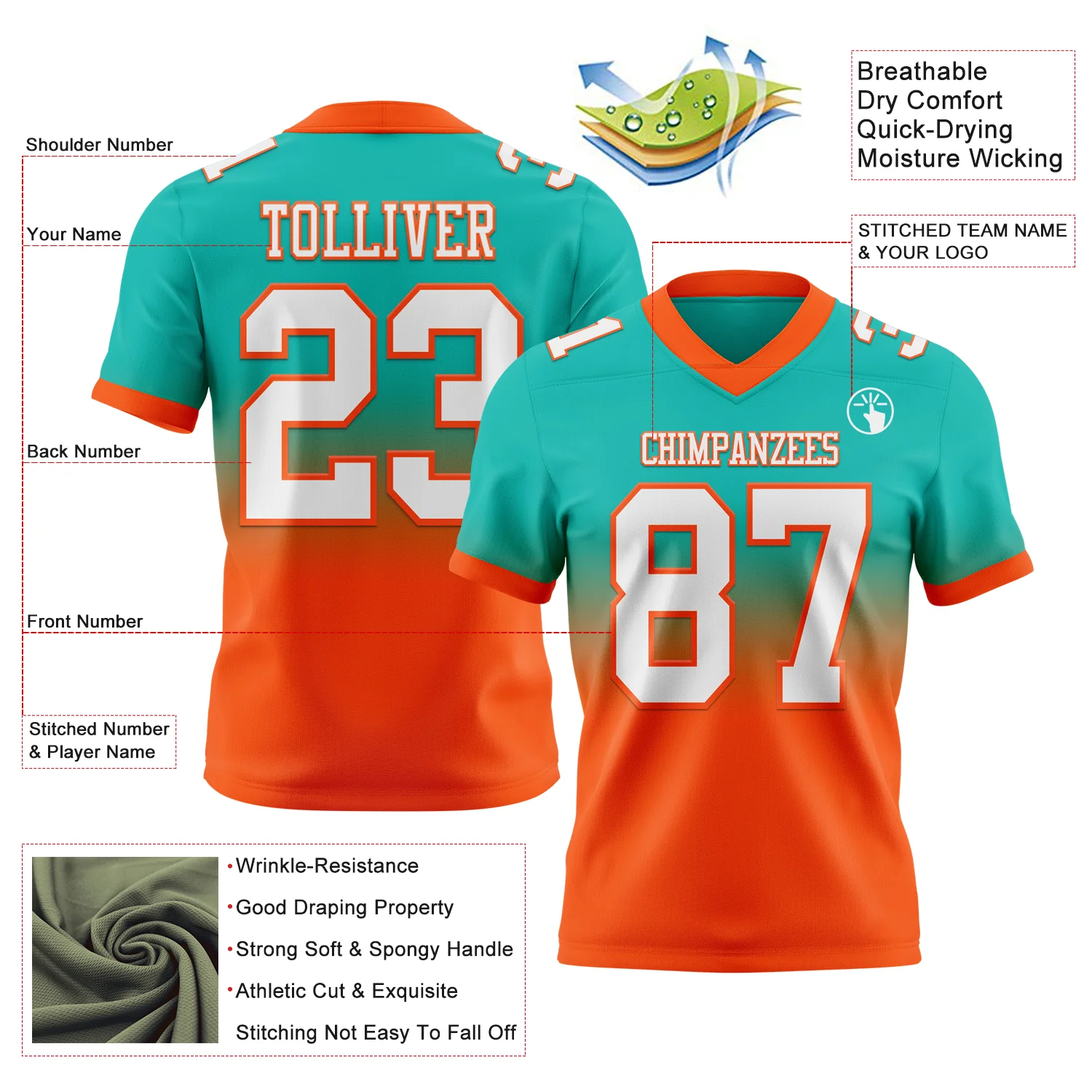 Custom Aqua White-Orange Authentic Fade Fashion Football Jersey - Image 2