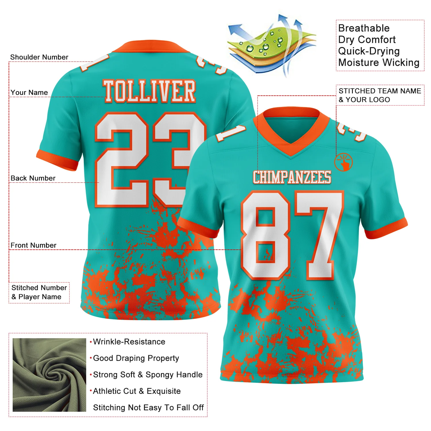 Custom Aqua White-Orange 3D Pattern Splash Authentic Football Jersey - Image 2