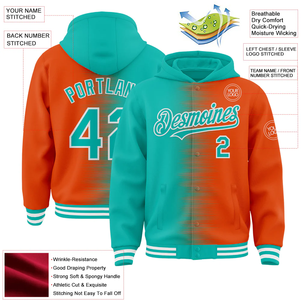Custom Aqua Orange-White Gradient Line Bomber Full-Snap Varsity Letterman Hoodie Jacket - Image 4