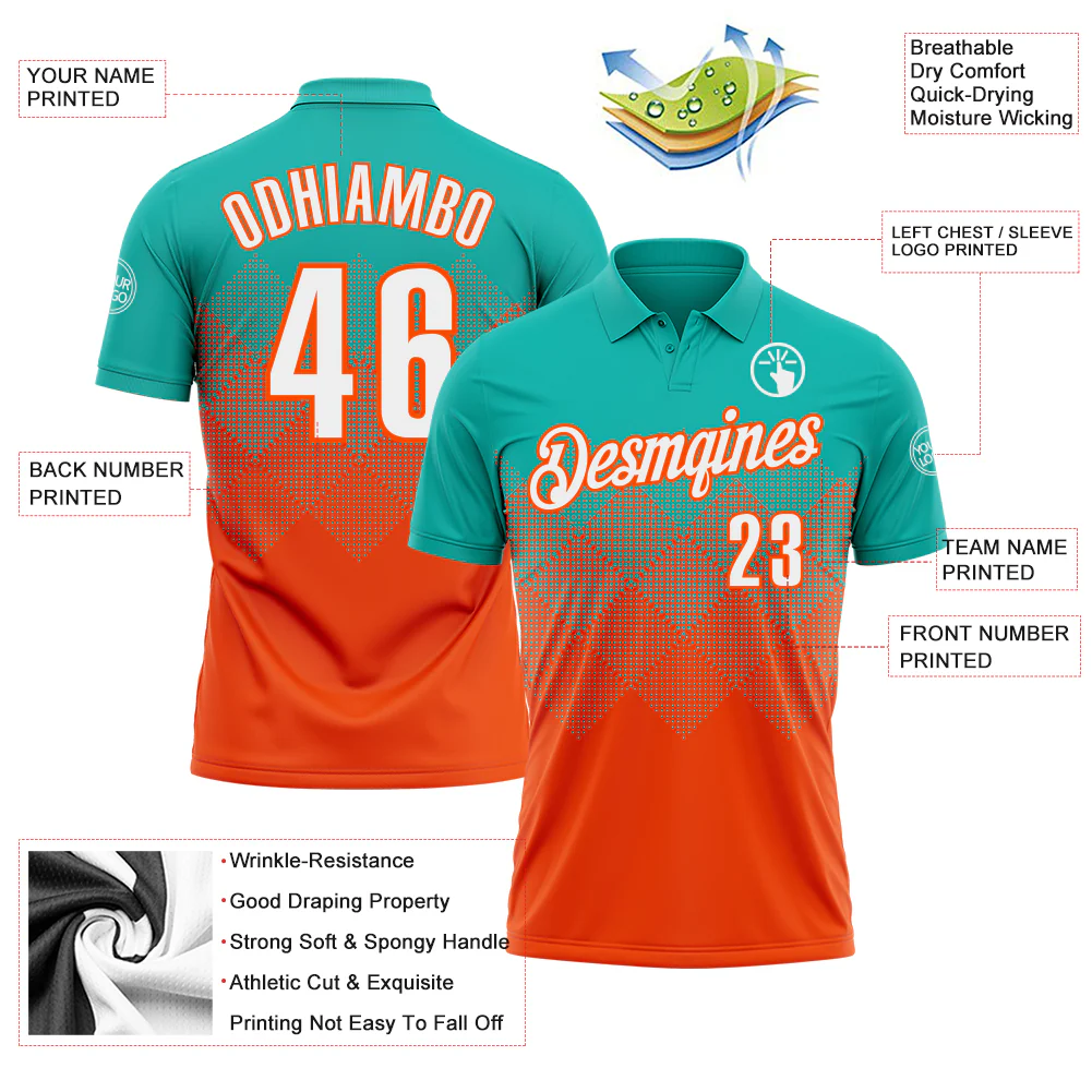 Custom Aqua White-Orange 3D Gradient Square Shape Performance Polo Shirt - Image 3