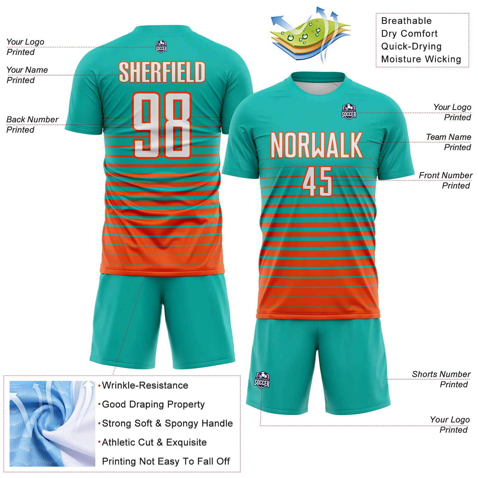 Custom Aqua White-Orange Gradient Pinstripe Sublimation Soccer Uniform Jersey - Image 4