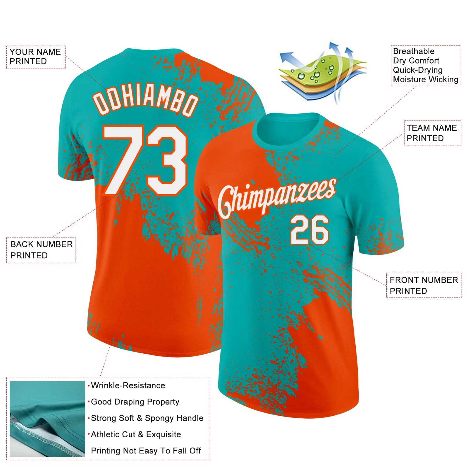 Custom Aqua White-Orange 3D Pattern Design Abstract Brush Stroke Performance T-Shirt - Image 2