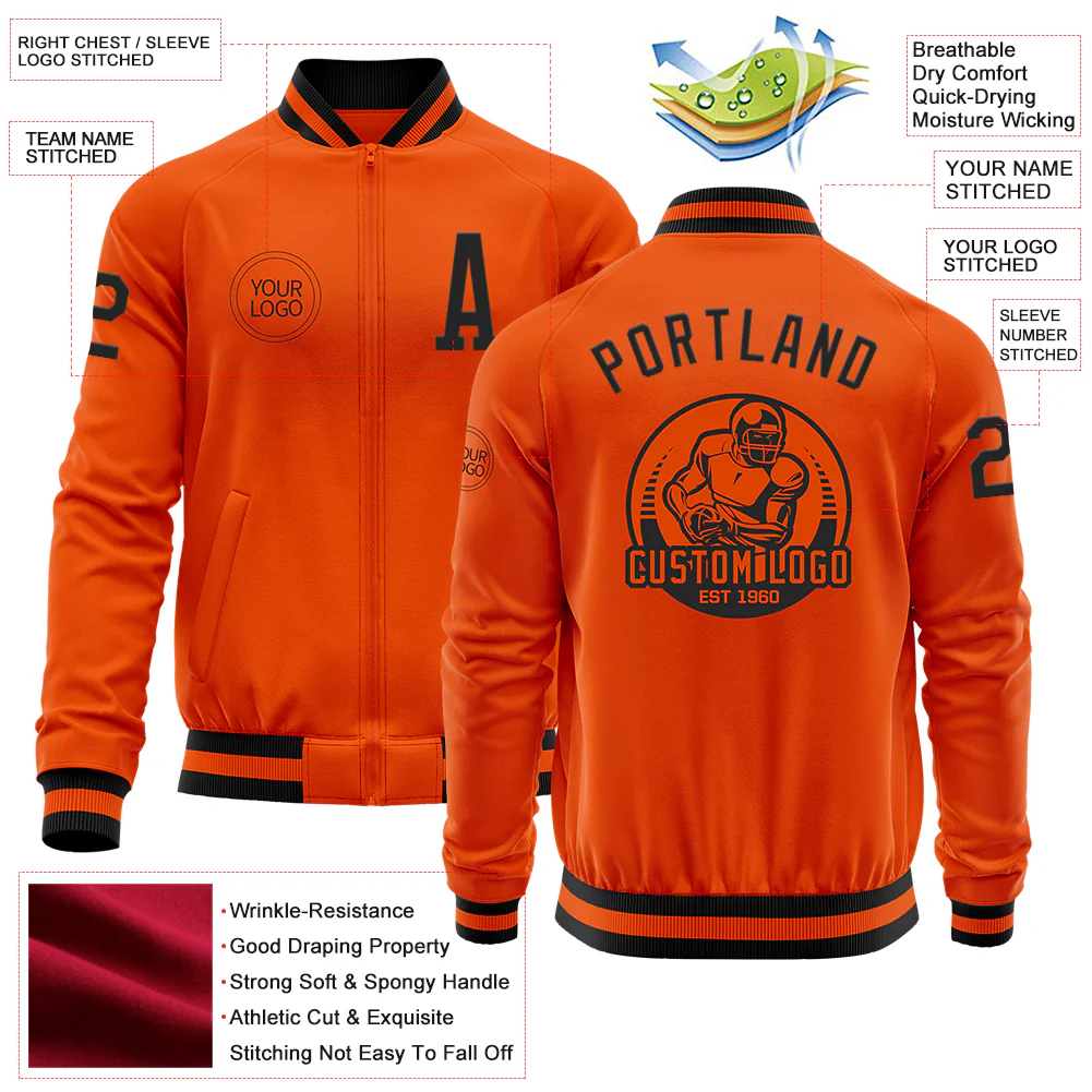 Custom Orange Black Bomber Varsity Letterman Zipper Jacket - Image 4