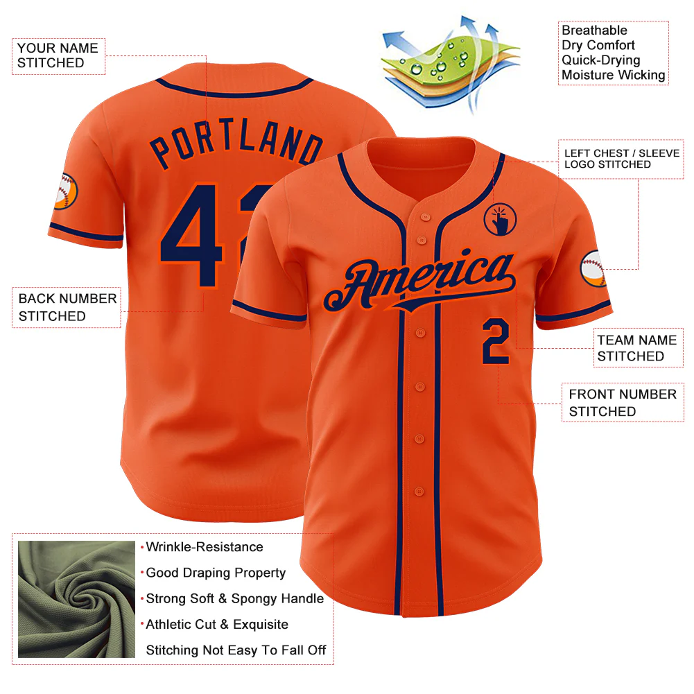 Custom Orange Navy Authentic Baseball Jersey - Image 3