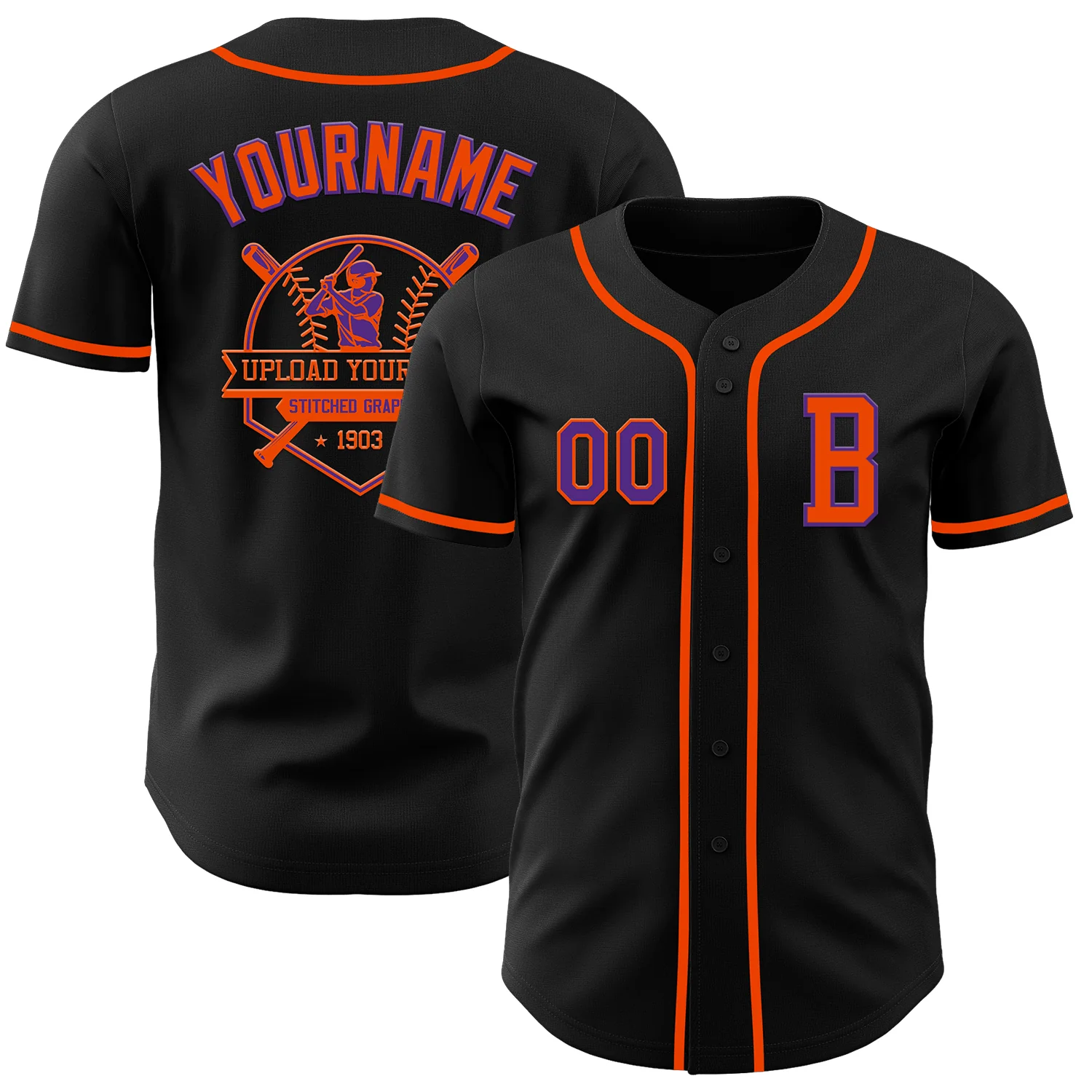 Custom Black Purple-Orange Authentic Baseball Jersey - Image 5