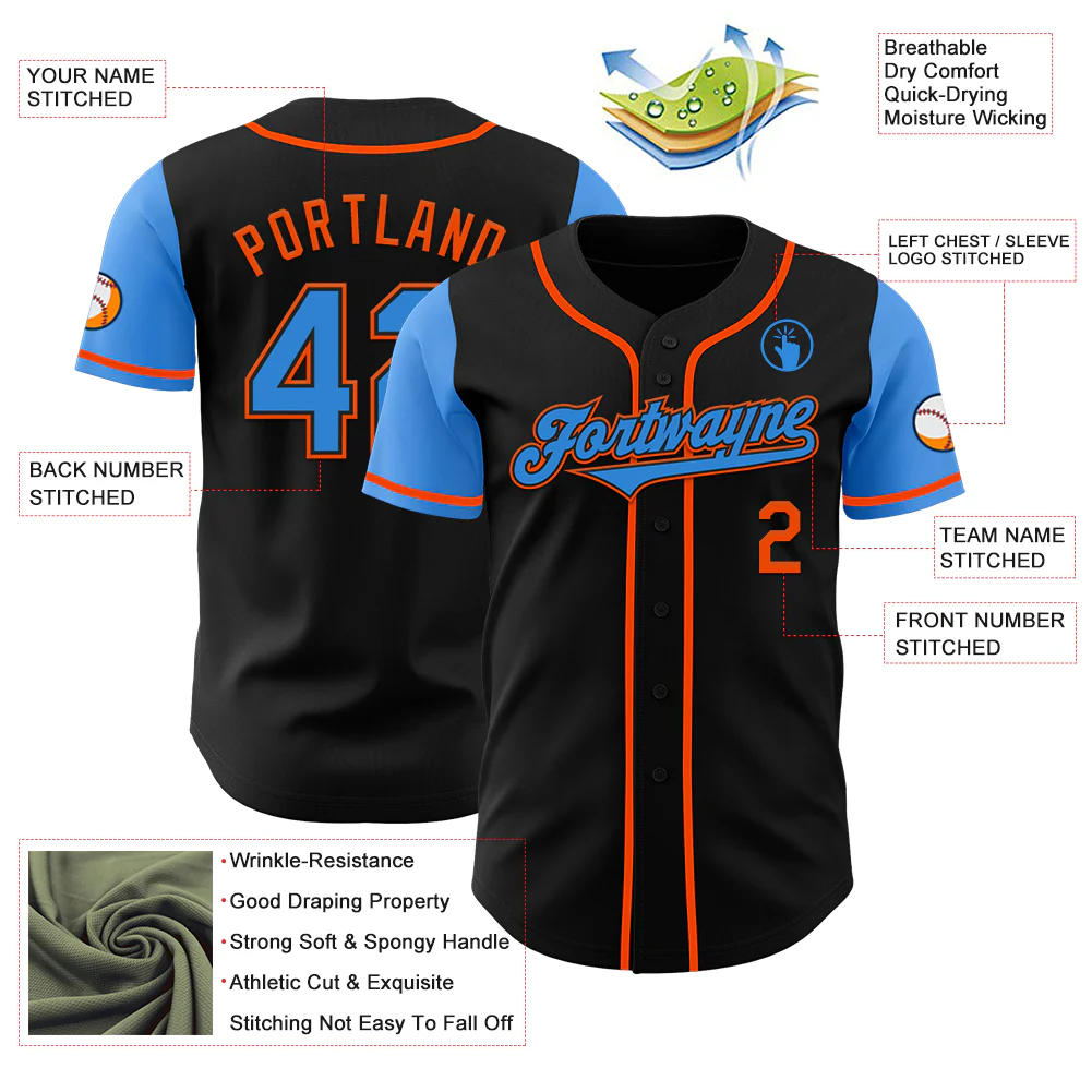 Custom Black Electric Blue-Orange Authentic Two Tone Baseball Jersey - Image 3