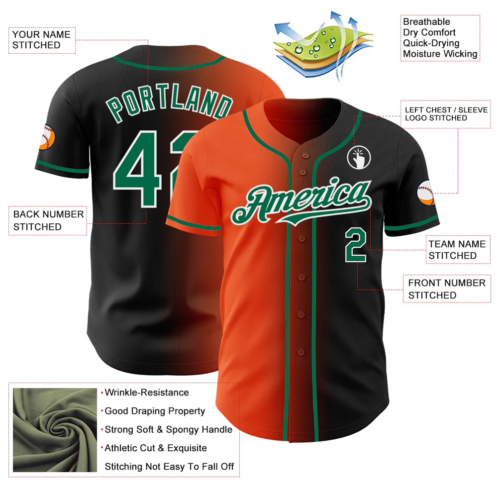 Custom Black Kelly Green Orange-White Authentic Gradient Fashion Baseball Jersey - Image 3