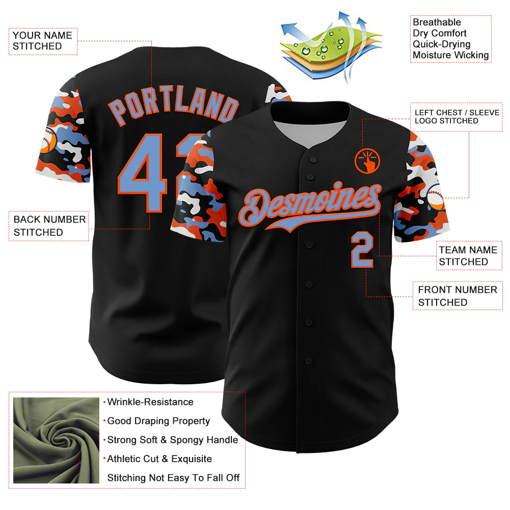 Custom Black Powder Blue Orange-White Digital Camo Two Tone Authentic Baseball Jersey - Image 3
