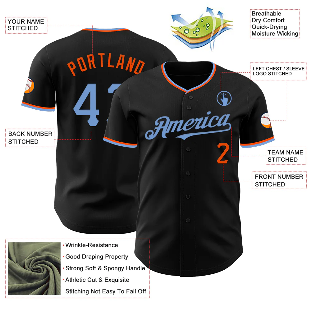 Custom Black Powder Blue-Orange Authentic Baseball Jersey - Image 3
