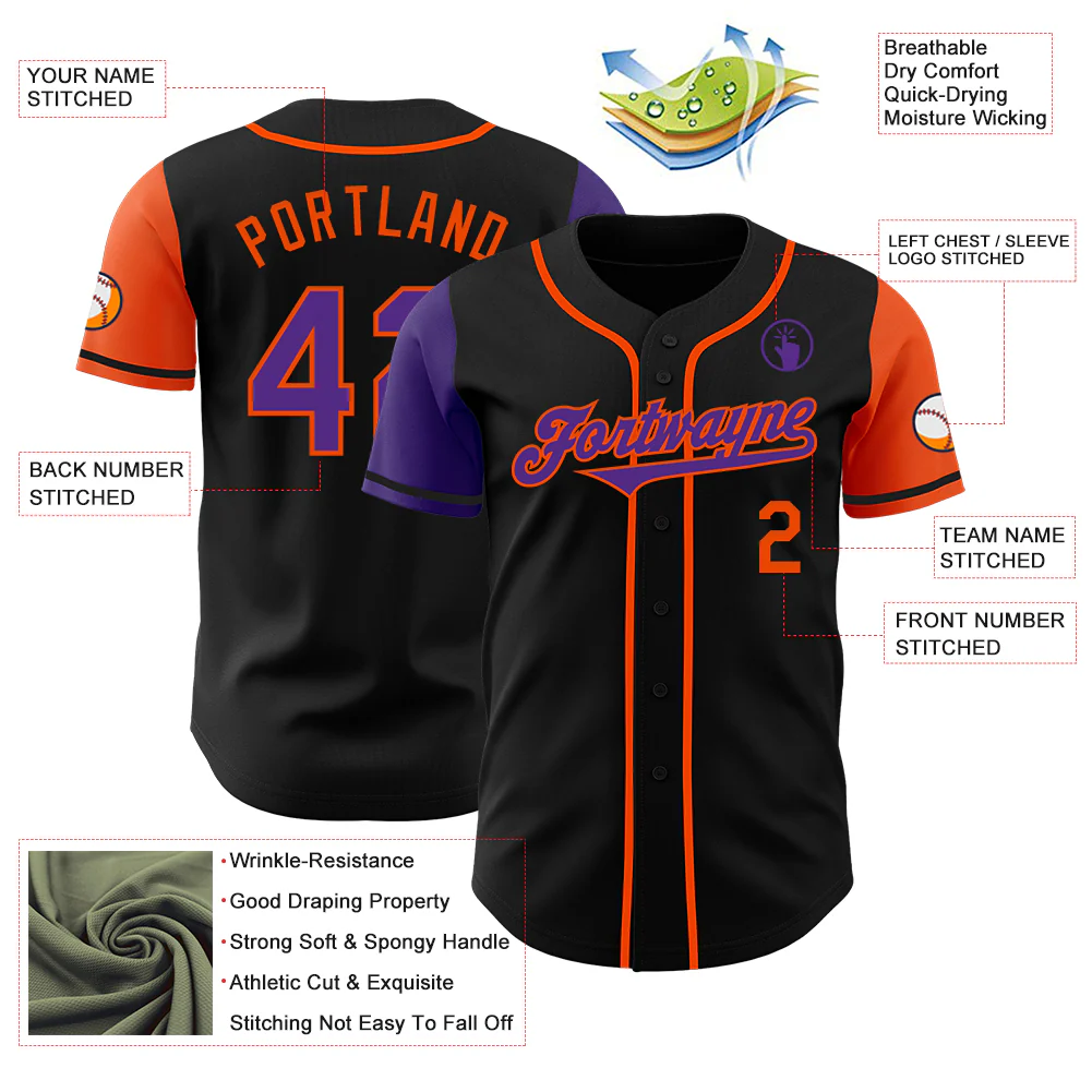 Custom Black Purple-Orange Authentic Two Tone Baseball Jersey - Image 3