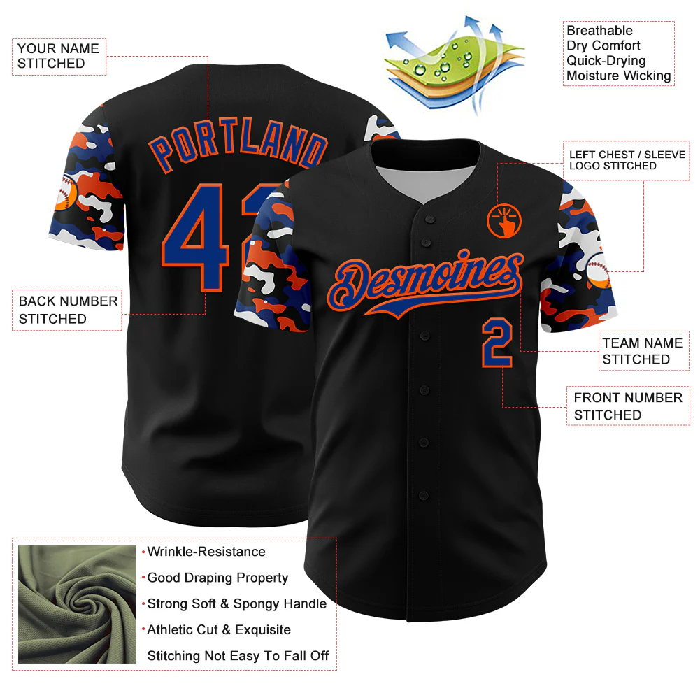 Custom Black Royal Orange-White Digital Camo Two Tone Authentic Baseball Jersey - Image 3