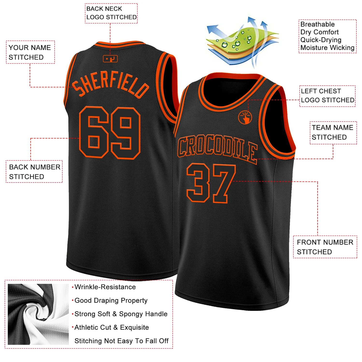 Custom Black Orange Authentic Basketball Jersey - Image 2