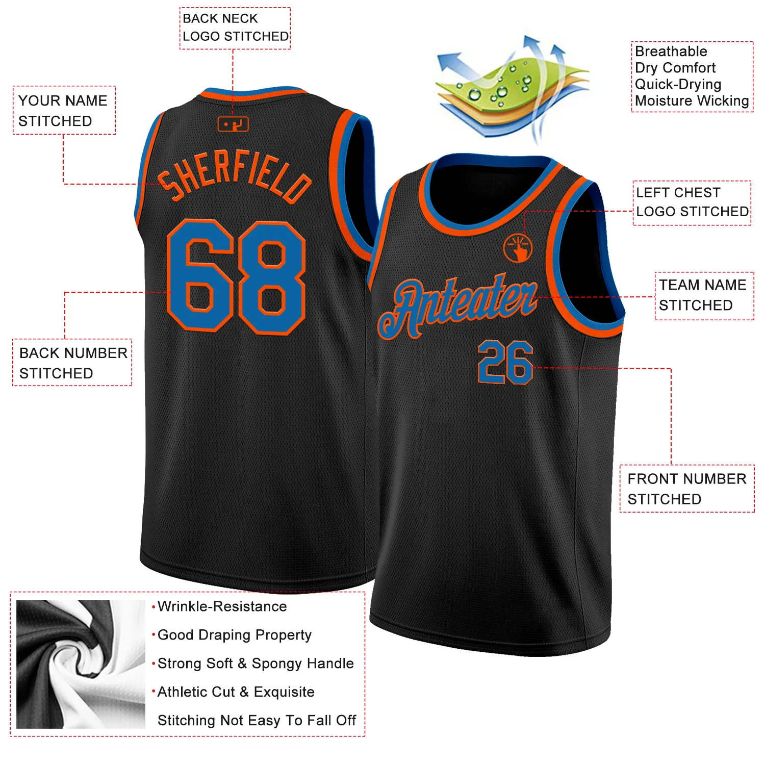 Custom Black Blue-Orange Authentic Basketball Jersey - Image 2