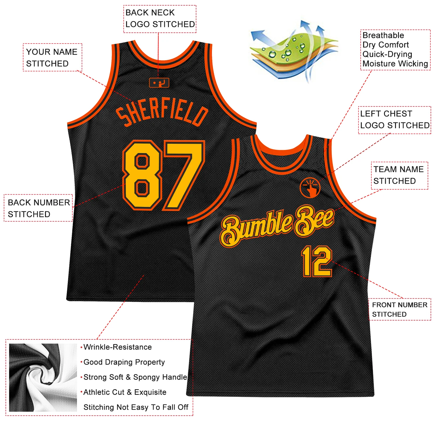Custom Black Gold-Orange Authentic Throwback Basketball Jersey - Image 2