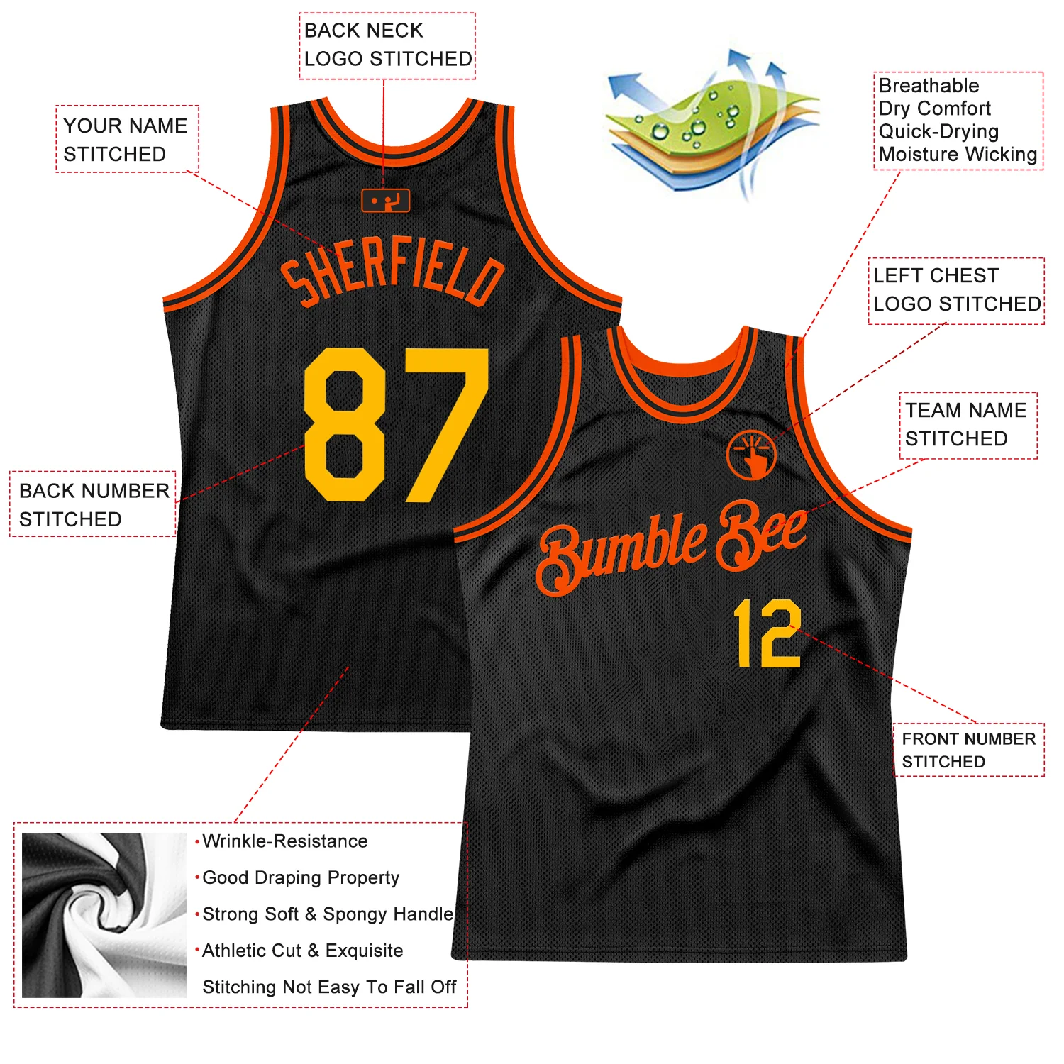 Custom Black Gold-Orange Authentic Throwback Basketball Jersey - Image 2