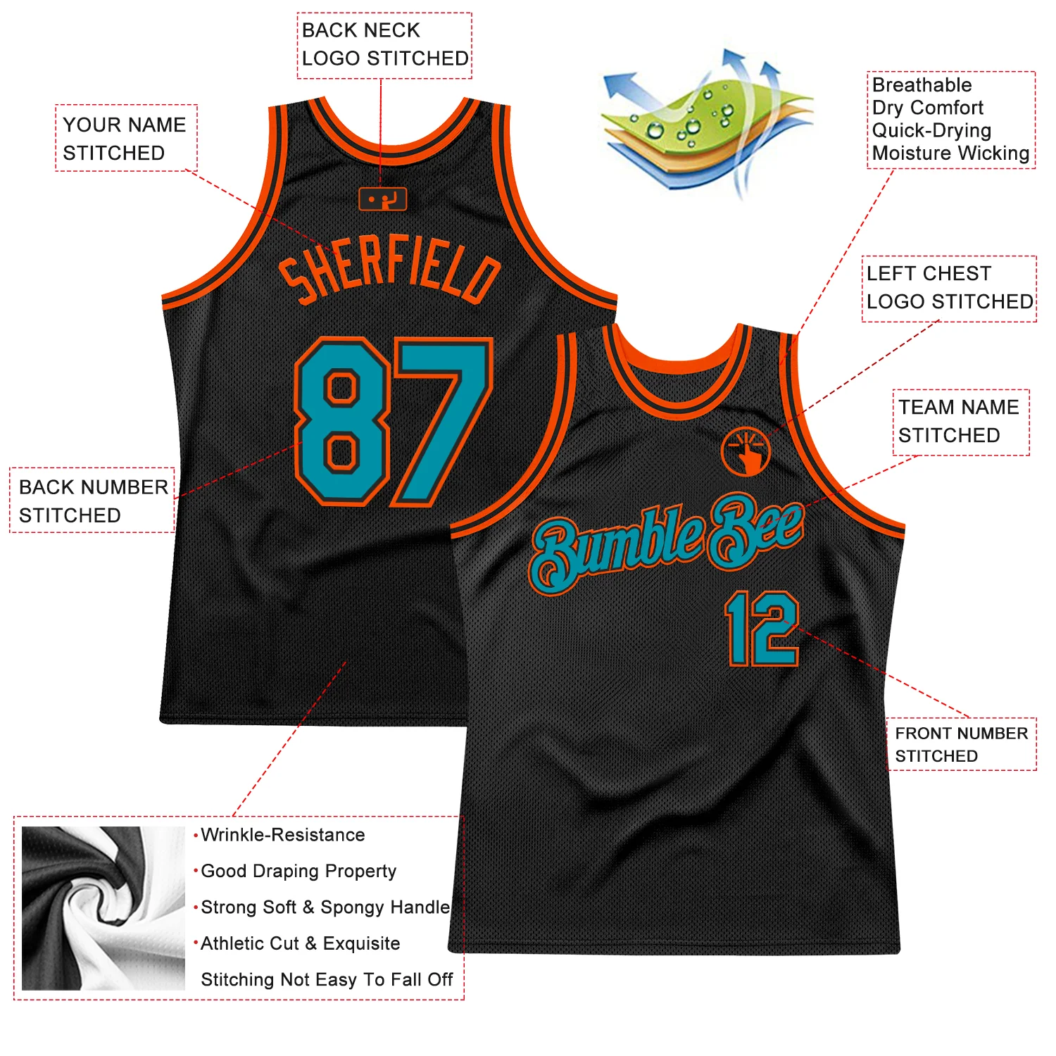 Custom Black Teal-Orange Authentic Throwback Basketball Jersey - Image 2