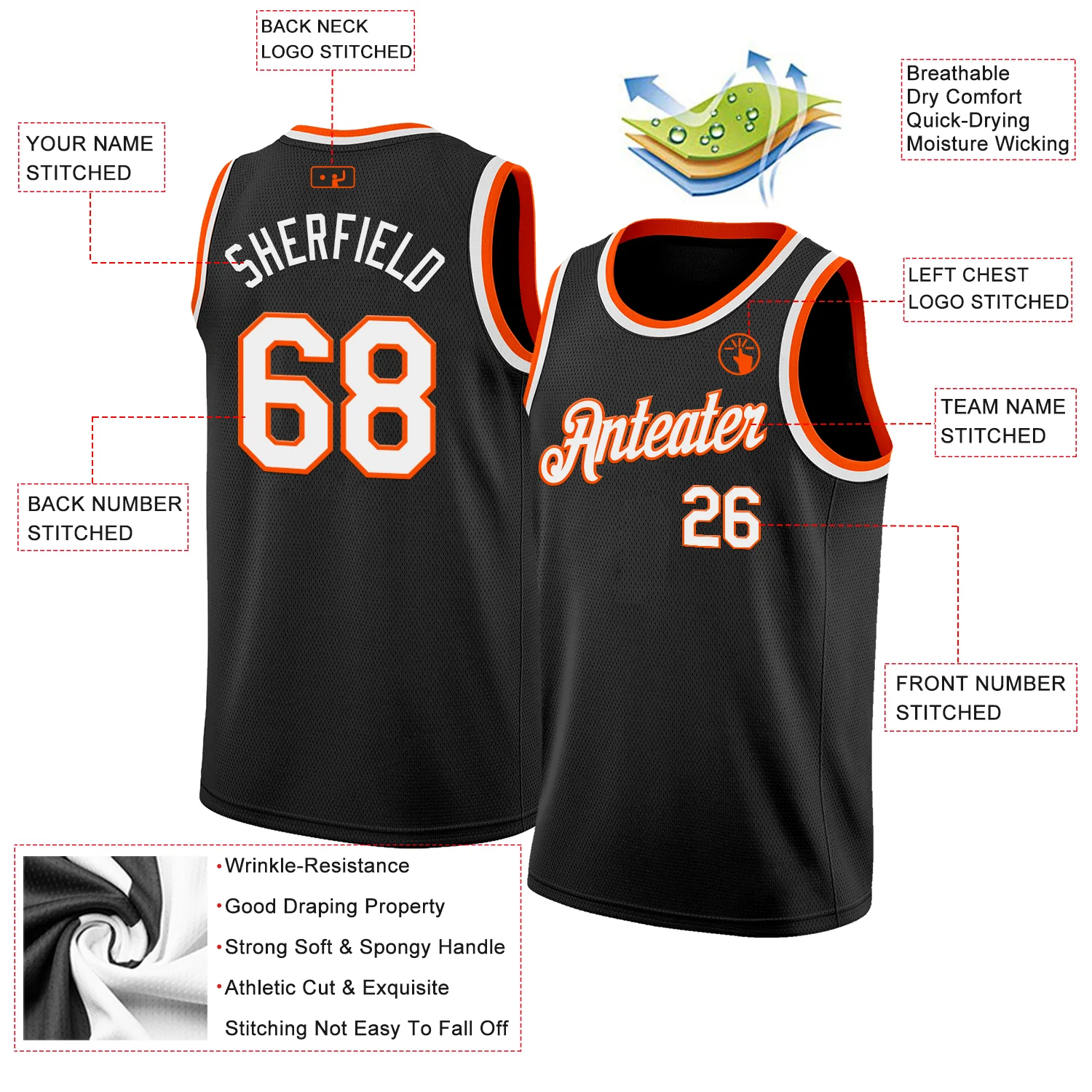 Custom Black White-Orange Authentic Basketball Jersey - Image 2
