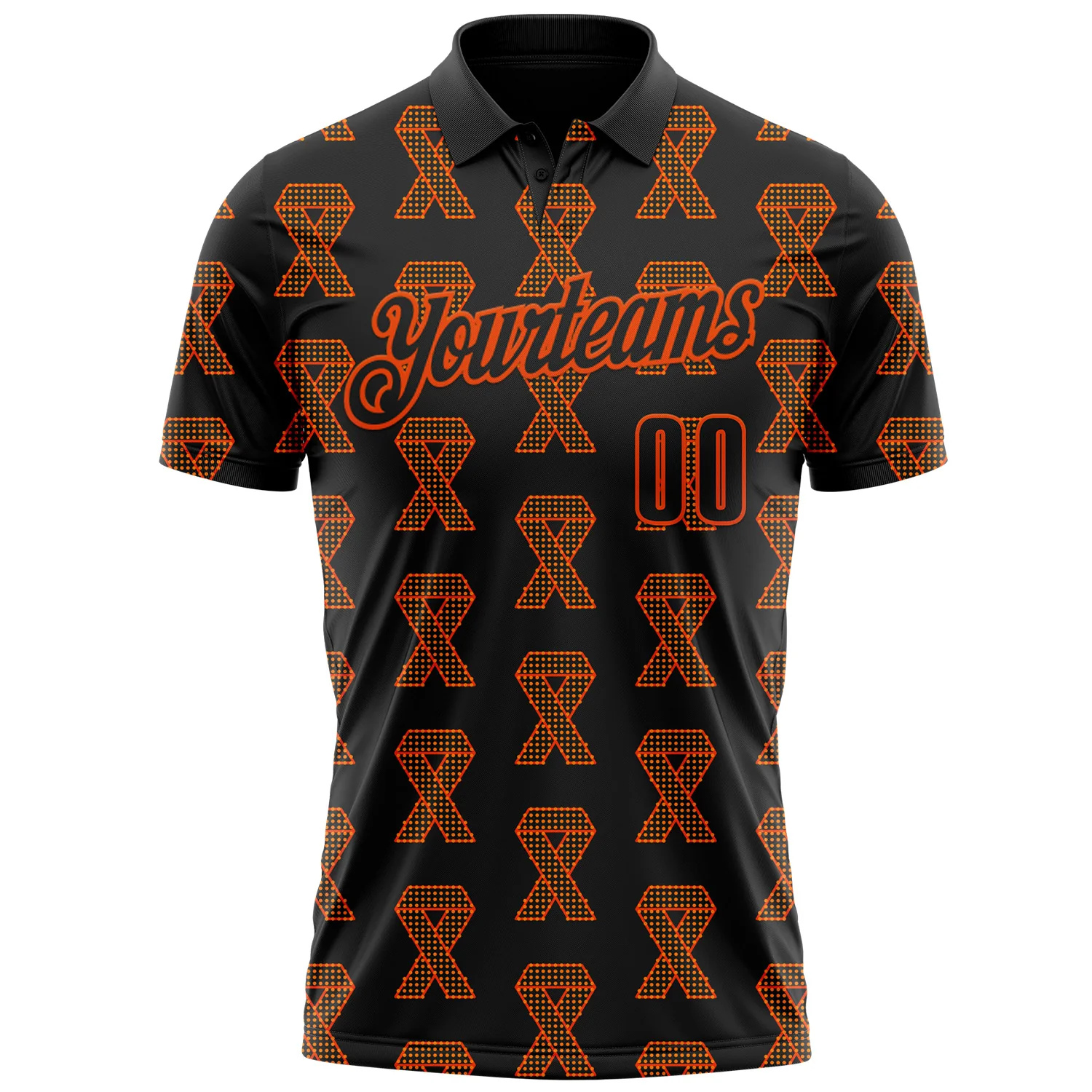 Custom Black Orange 3D Pattern Design Orange Ribbon Kidney Cancer Awareness Performance Polo Shirt - Image 2