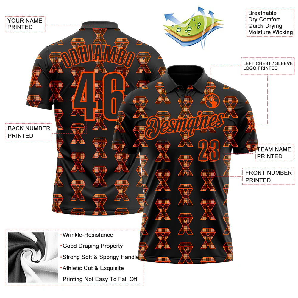 Custom Black Orange 3D Pattern Design Orange Ribbon Kidney Cancer Awareness Performance Polo Shirt - Image 3