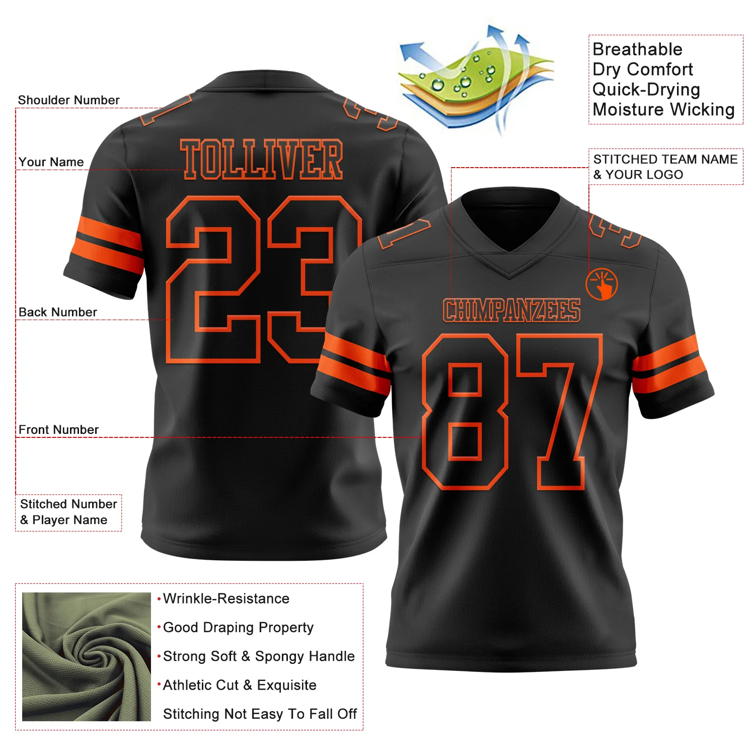 Custom Black Orange Authentic Football Jersey - Image 3