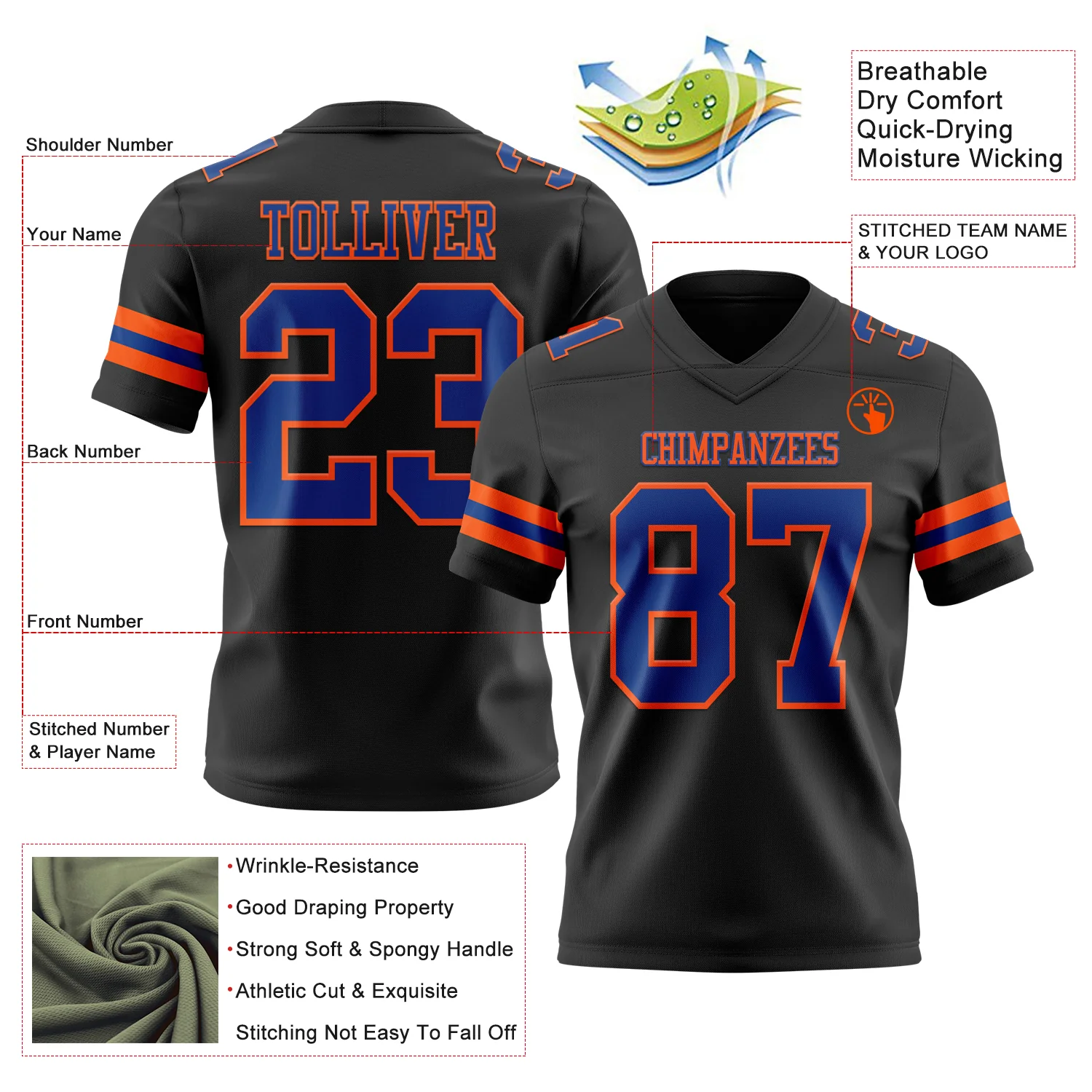 Custom Black Royal-Orange Authentic Football Jersey - Image 3