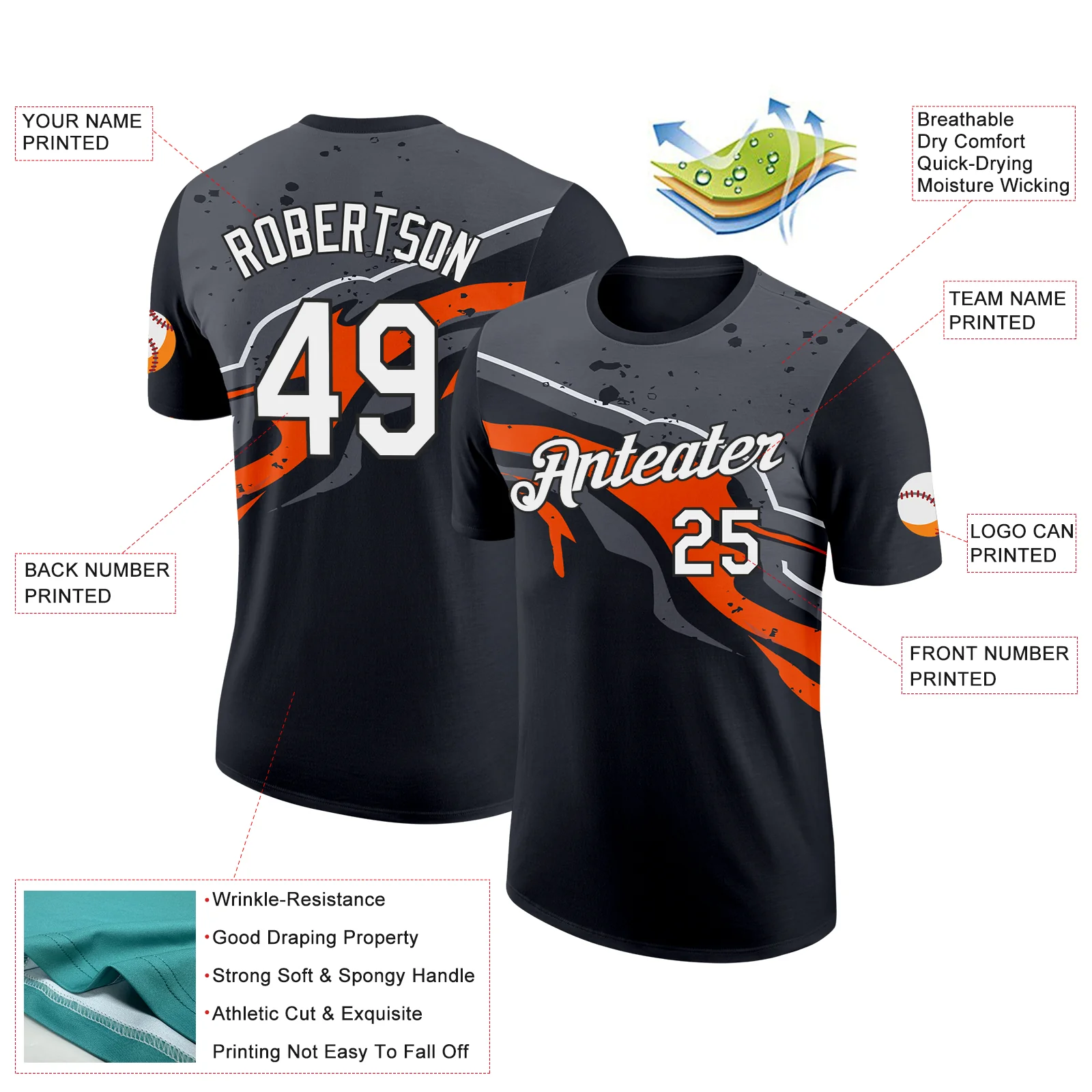 Custom Black Orange-Steel Gray 3D Esports Performance T-Shirt - Image 2